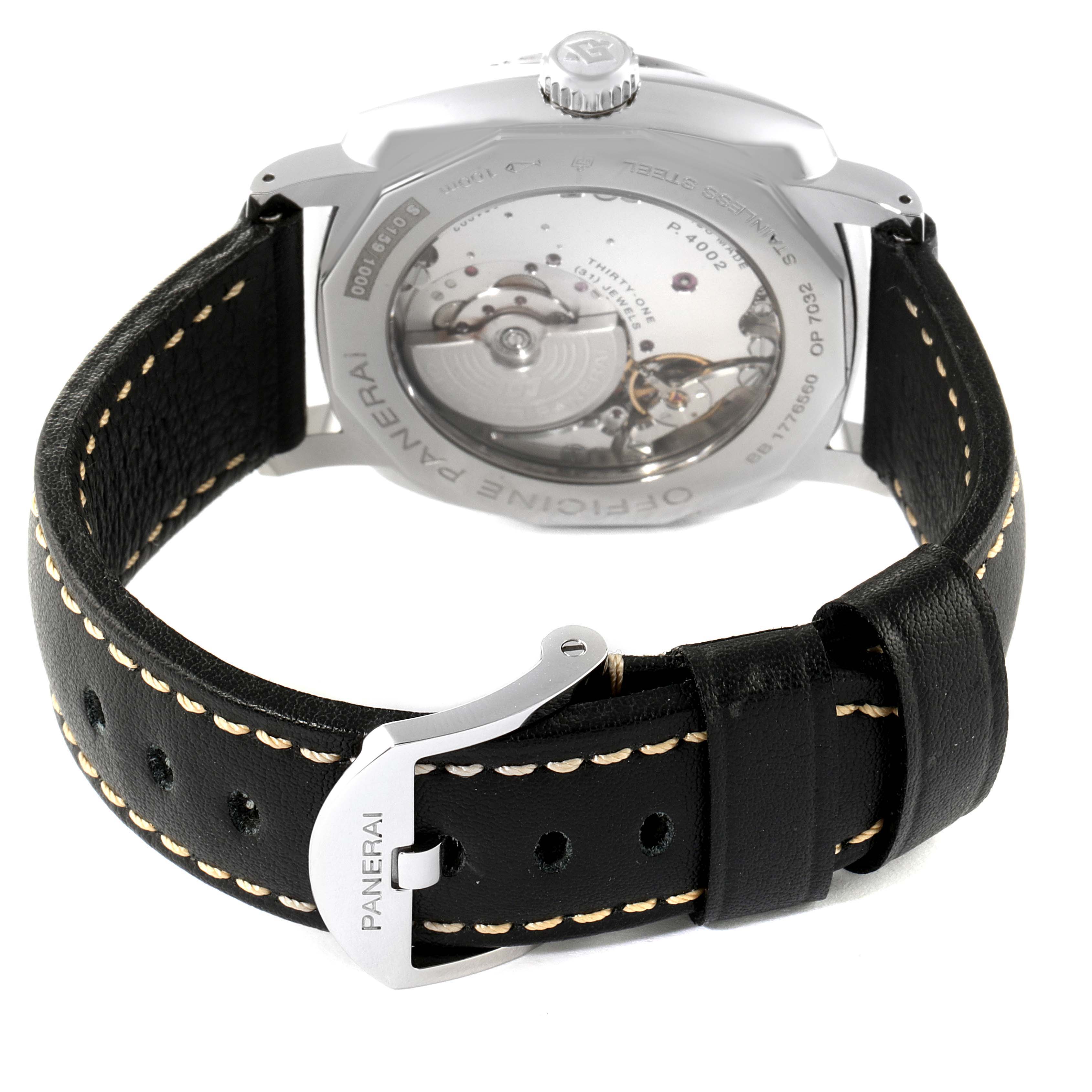 The image showcases the back of the Panerai Radiomir PAM00628 Men's Stainless Steel Black Dial PAM00628 Men's Stainless Steel Black Dial watch, highlighting its movement and black leather strap.