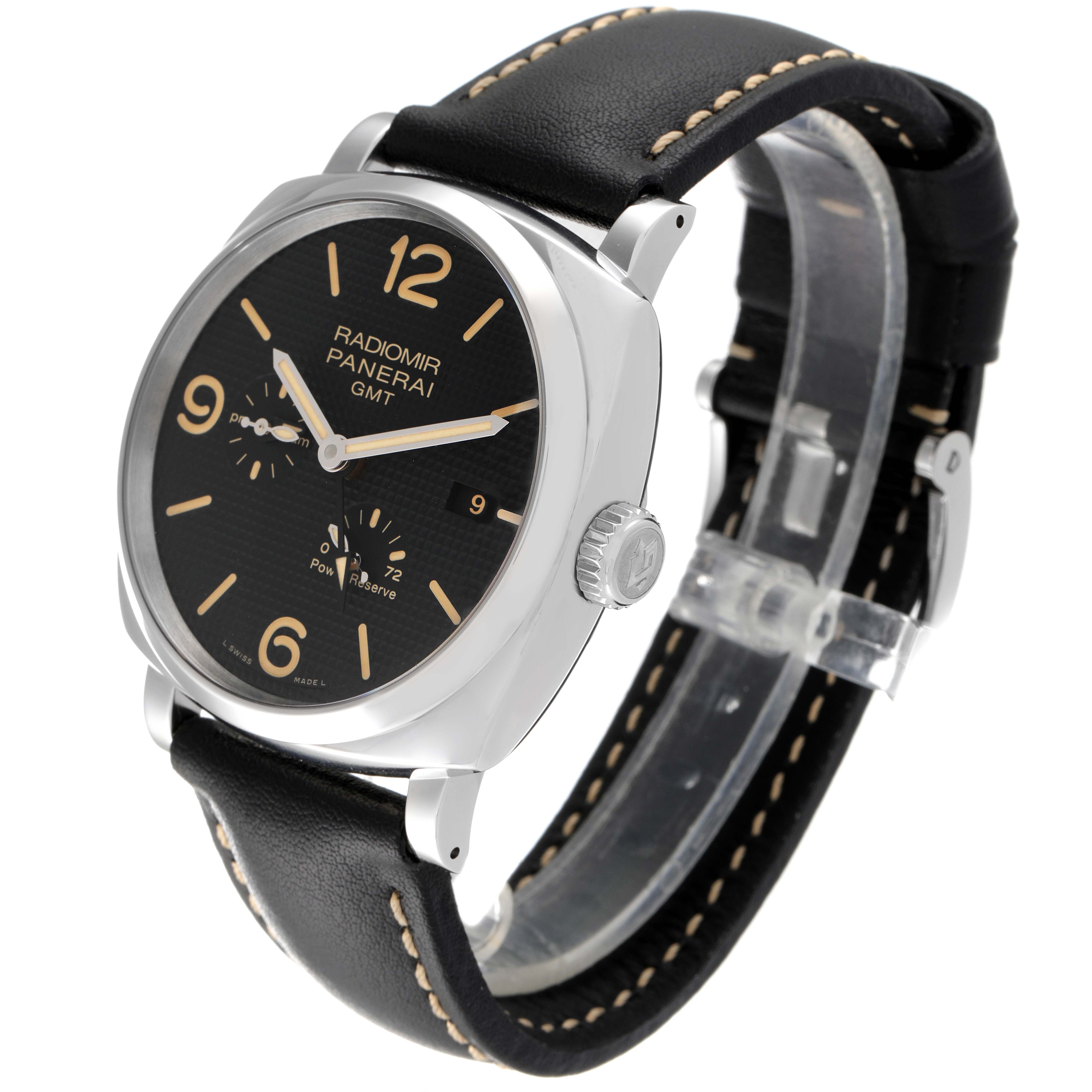 The Panerai Radiomir PAM00628 Men's Stainless Steel Black Dial PAM00628 Men's Stainless Steel Black Dial watch is shown at a three-quarter angle, displaying the face, crown, and leather strap.
