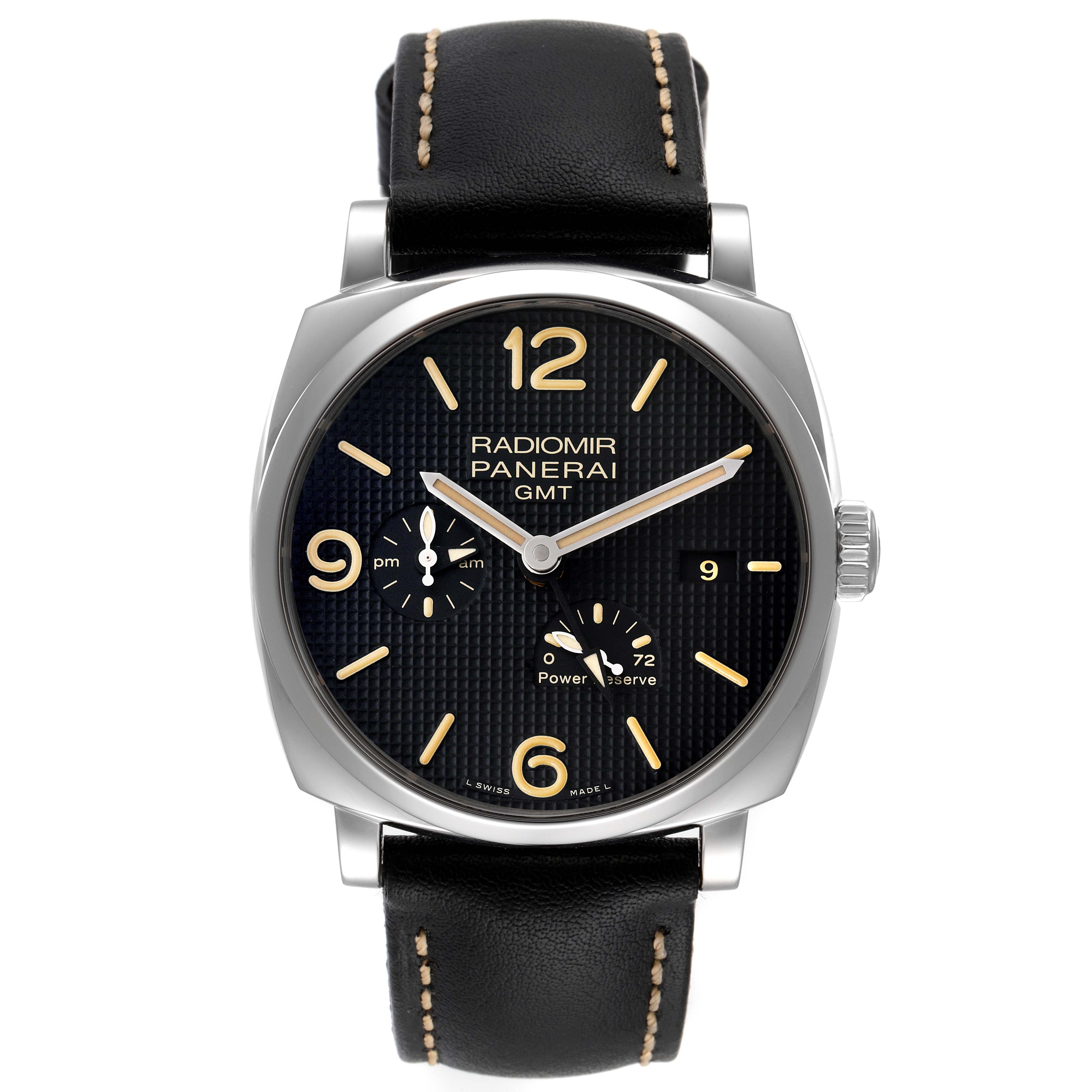 This image shows a front view of the Panerai Radiomir PAM00628 Men's Stainless Steel Black Dial PAM00628 Men's Stainless Steel Black Dial GMT watch, highlighting the dial, hands, crown, and leather strap.