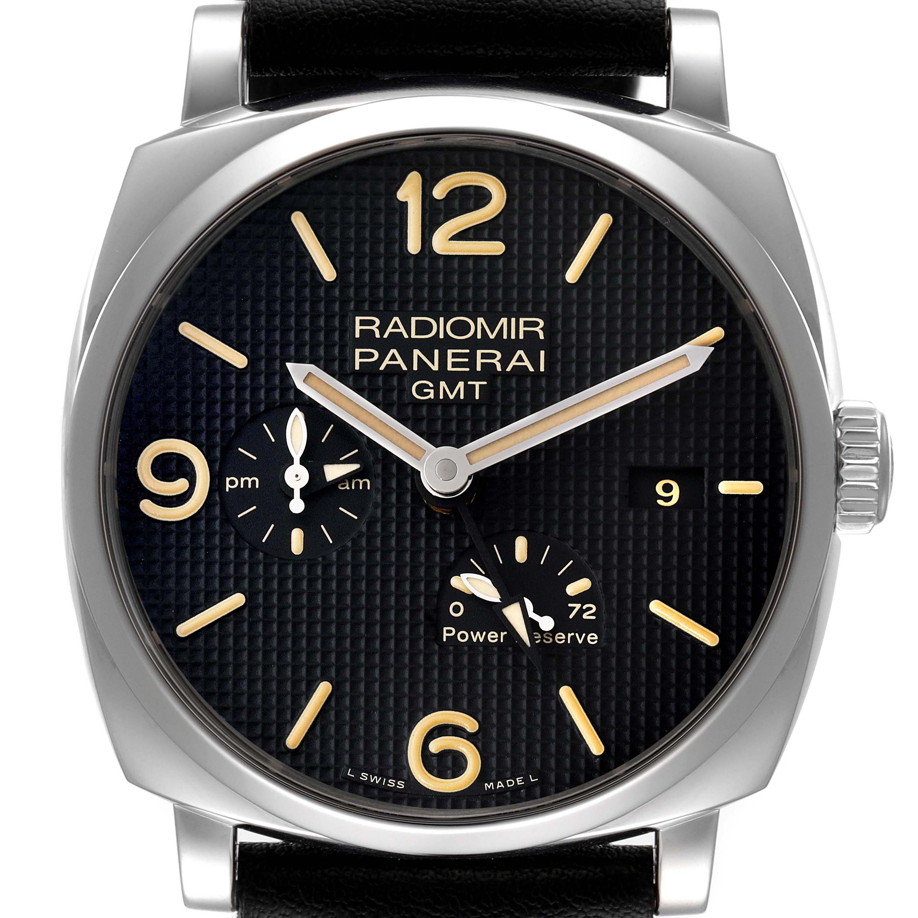 This image shows a close-up frontal view of the Panerai Radiomir PAM00628 Men's Stainless Steel Black Dial PAM00628 Men's Stainless Steel Black Dial GMT watch, highlighting the dial, hands, and crown.