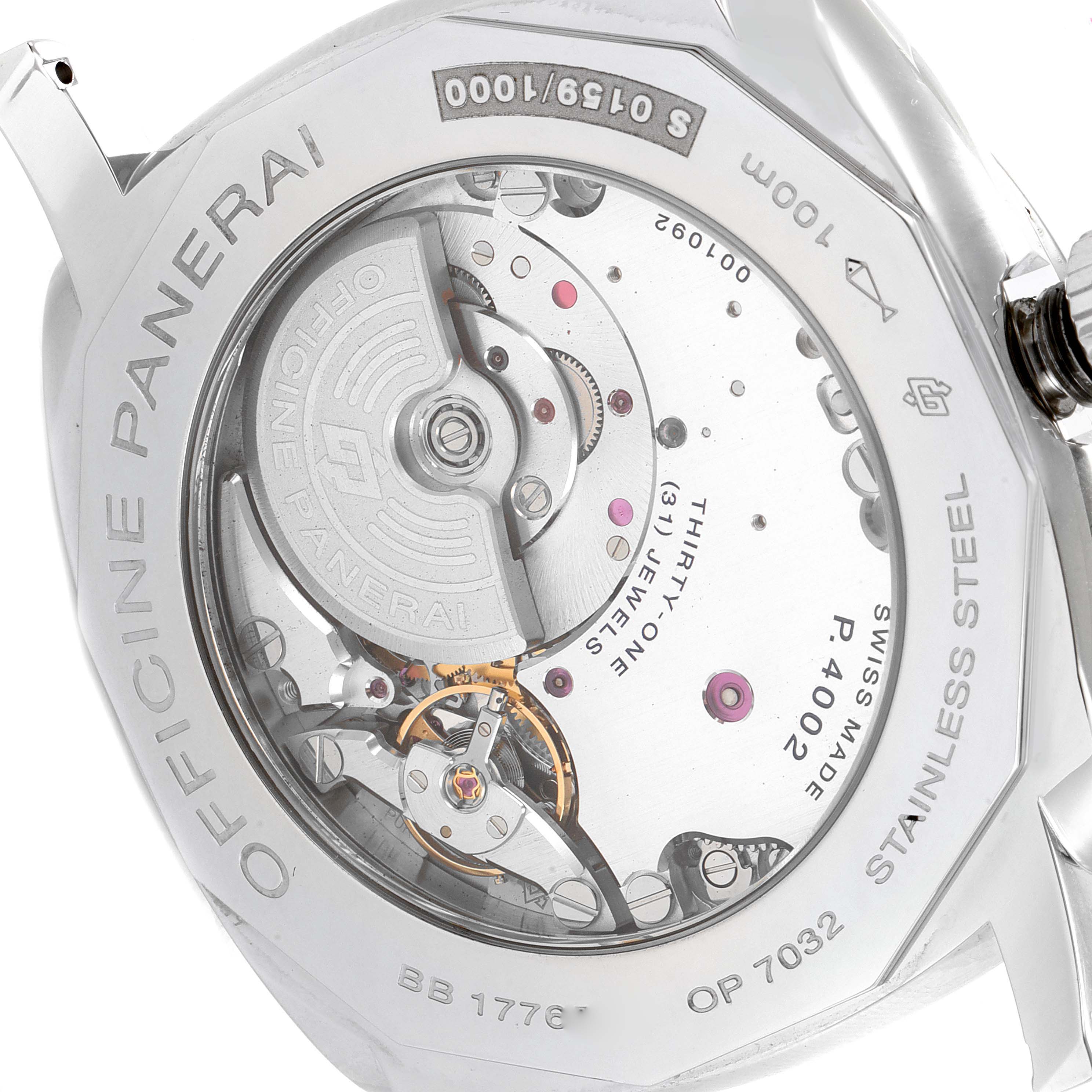 This image shows the back view of a Panerai Radiomir PAM00628 Men's Stainless Steel Black Dial PAM00628 Men's Stainless Steel Black Dial watch, revealing its internal mechanical movement.