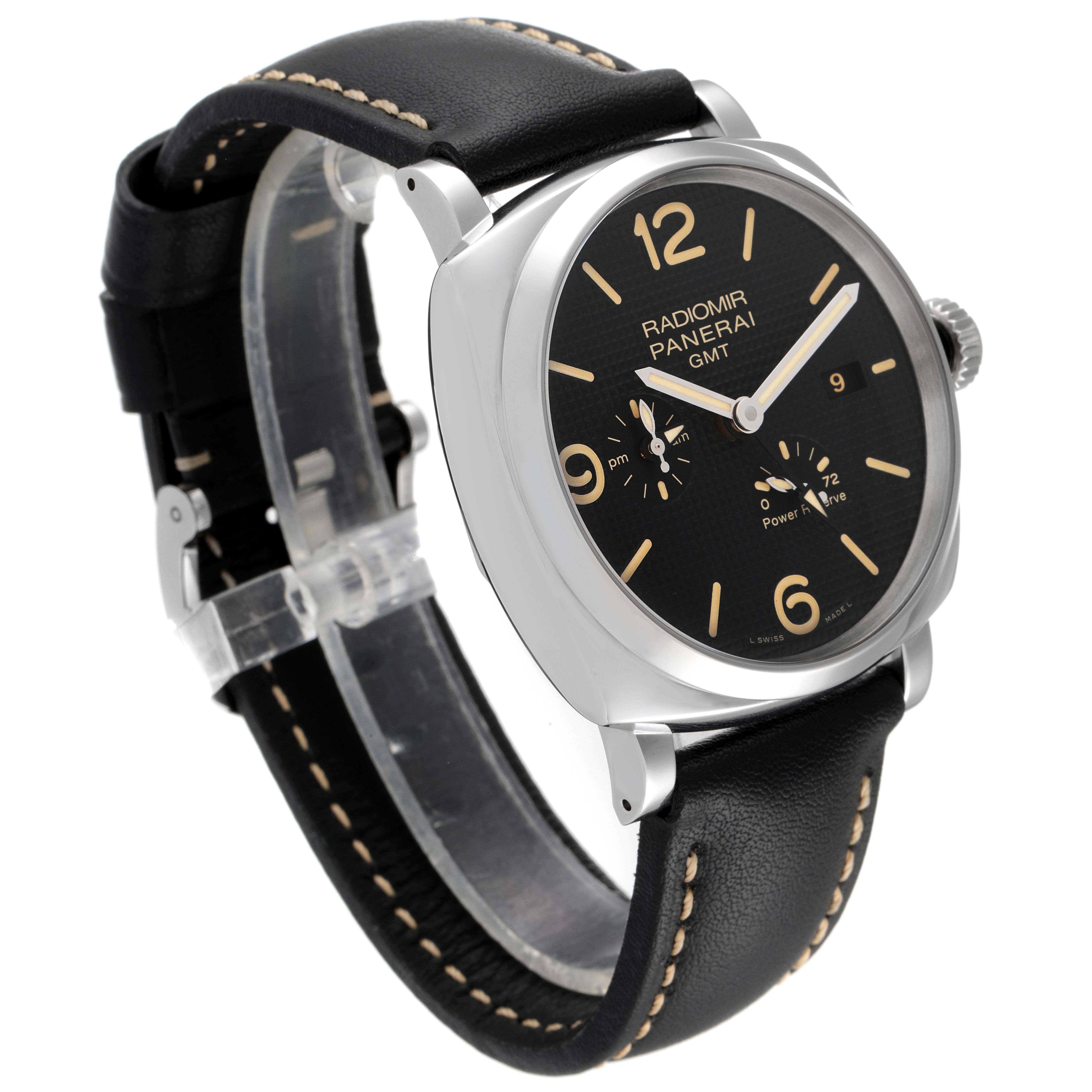 The image shows a Panerai Radiomir PAM00628 Men's Stainless Steel Black Dial PAM00628 Men's Stainless Steel Black Dial watch at a three-quarter angle, displaying the face, case, crown, and leather strap.