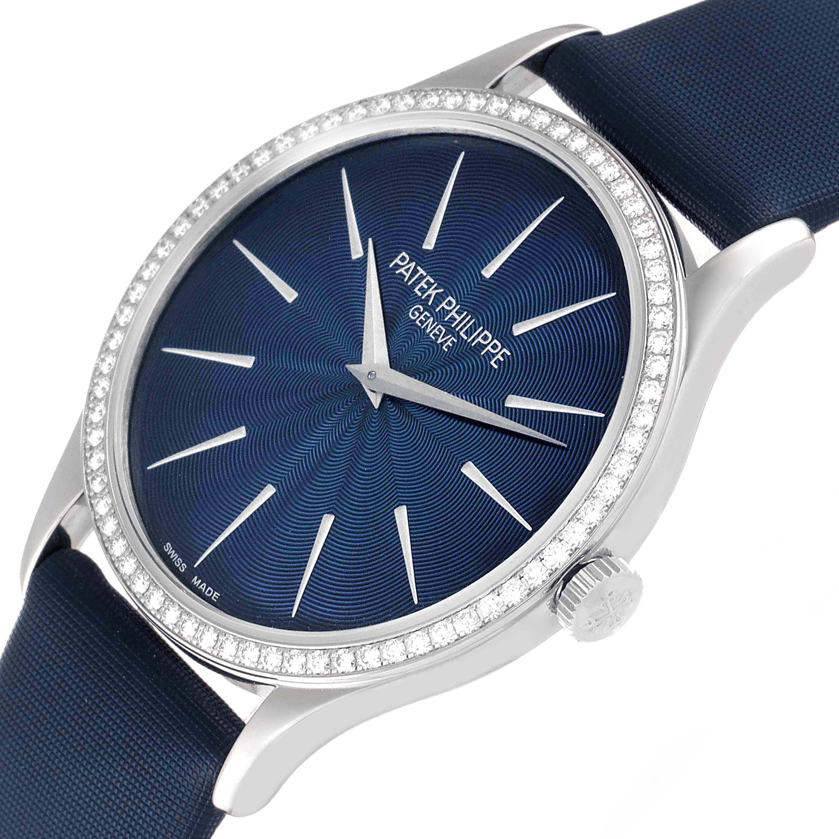 The image shows a close-up of the front and side of the Patek Philippe Calatrava 4897G-001 Women's White Gold Blue Dial 4897G-001 Women's White Gold Blue Dial watch, highlighting its blue dial, diamond-set bezel, and strap.