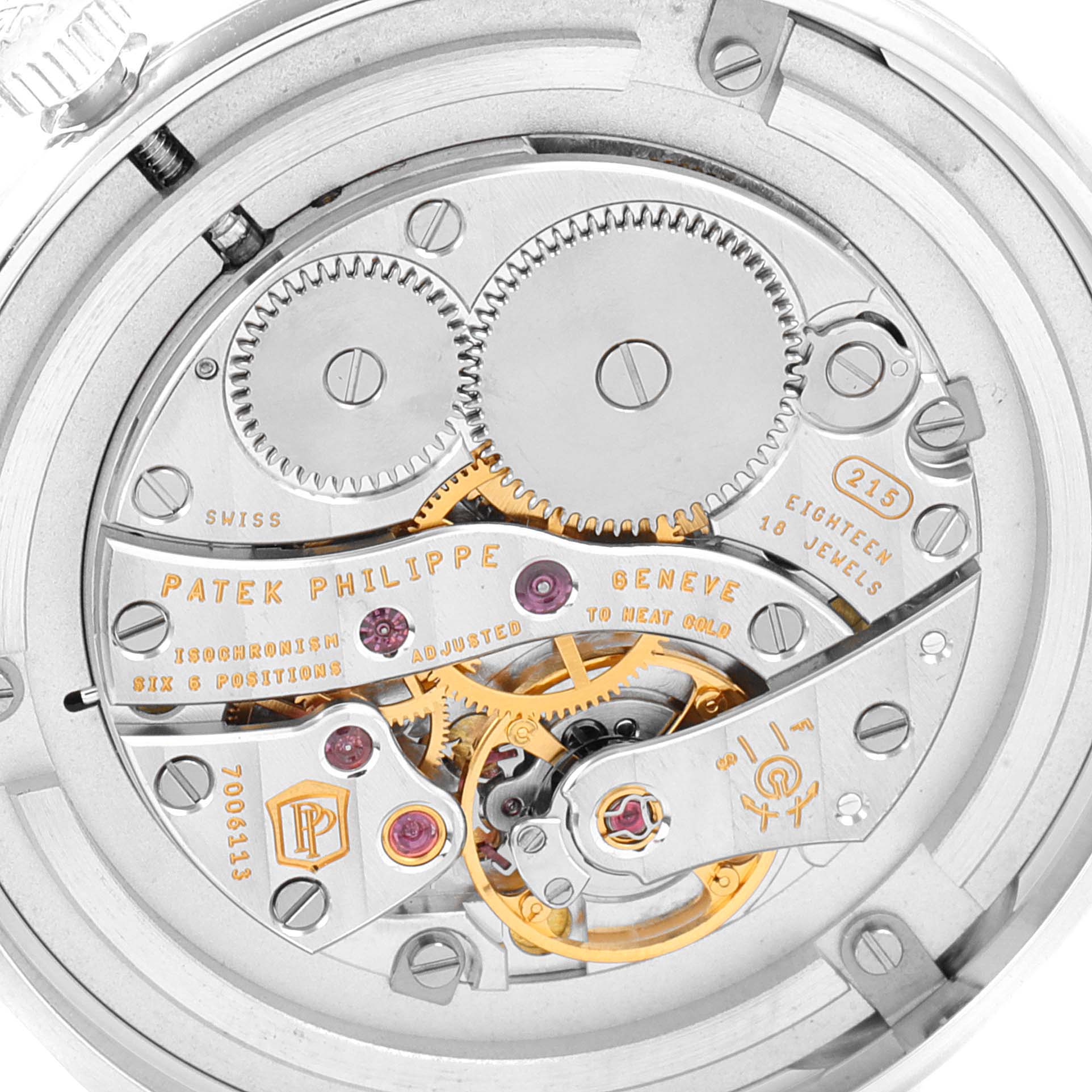 This image shows the intricate internal mechanism of a Patek Philippe Calatrava 4897G-001 Women's White Gold Blue Dial 4897G-001 Women's White Gold Blue Dial watch from a close-up angle.