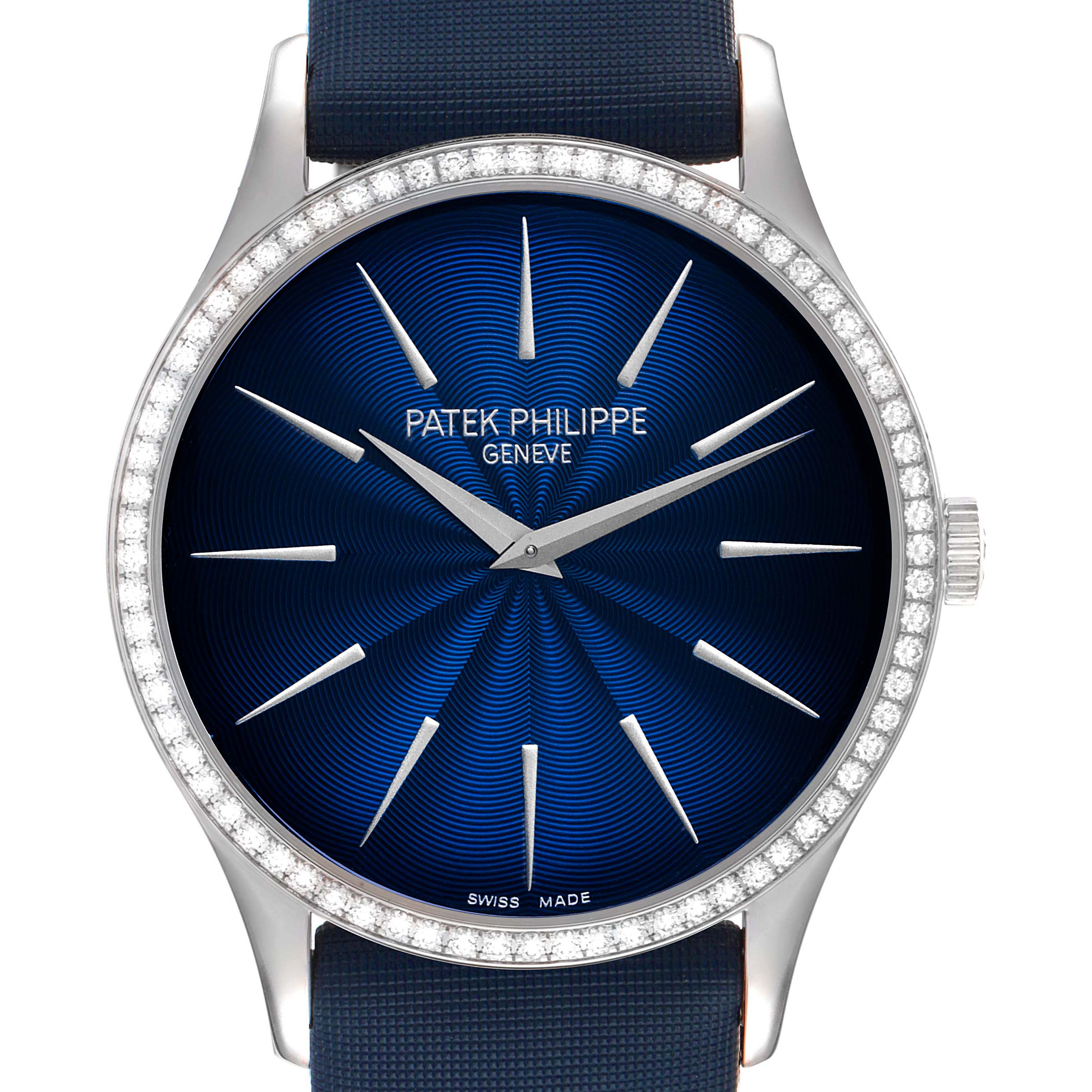 This image shows a front view of a Patek Philippe Calatrava 4897G-001 Women's White Gold Blue Dial 4897G-001 Women's White Gold Blue Dial watch with a blue dial and diamond bezel.
