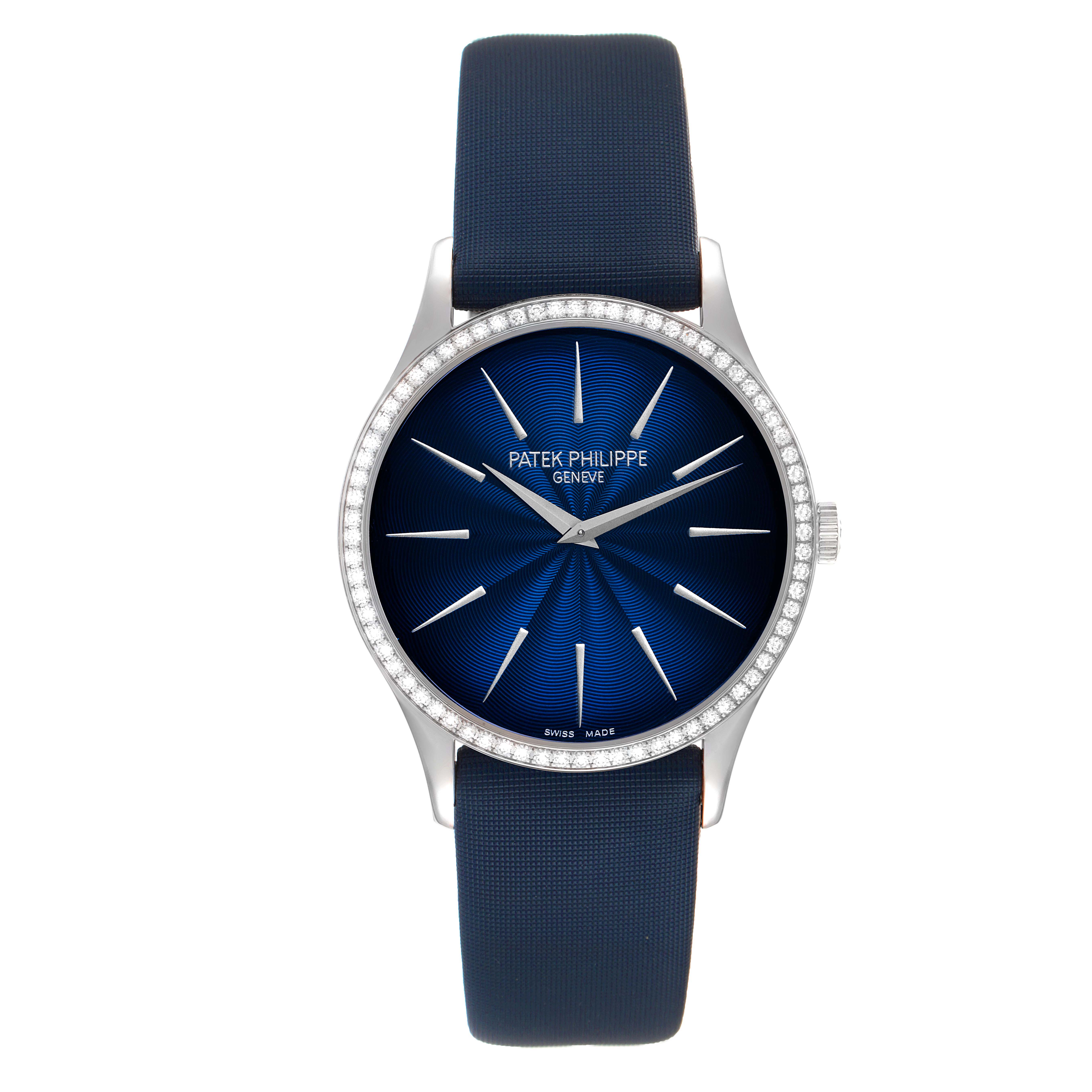 The image shows a front view of the Patek Philippe Calatrava 4897G-001 Women's White Gold Blue Dial 4897G-001 Women's White Gold Blue Dial watch with a blue dial, diamond bezel, and blue strap.