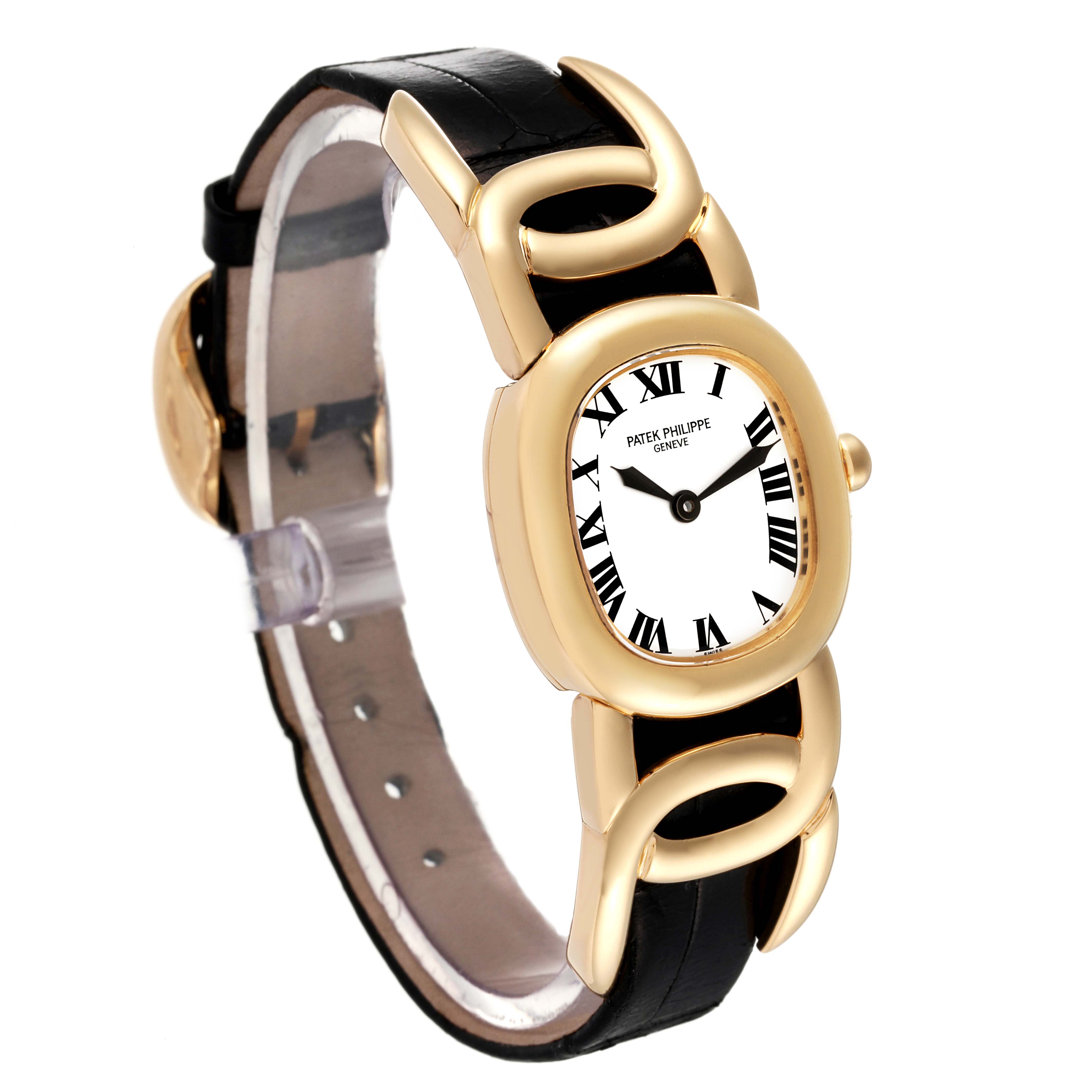 This image shows a side-angle view of the Patek Philippe Golden Ellipse 4830 Women's Yellow Gold White Dial 4830 Women's Yellow Gold White Dial watch, highlighting its gold case, Roman numerals, and black strap.