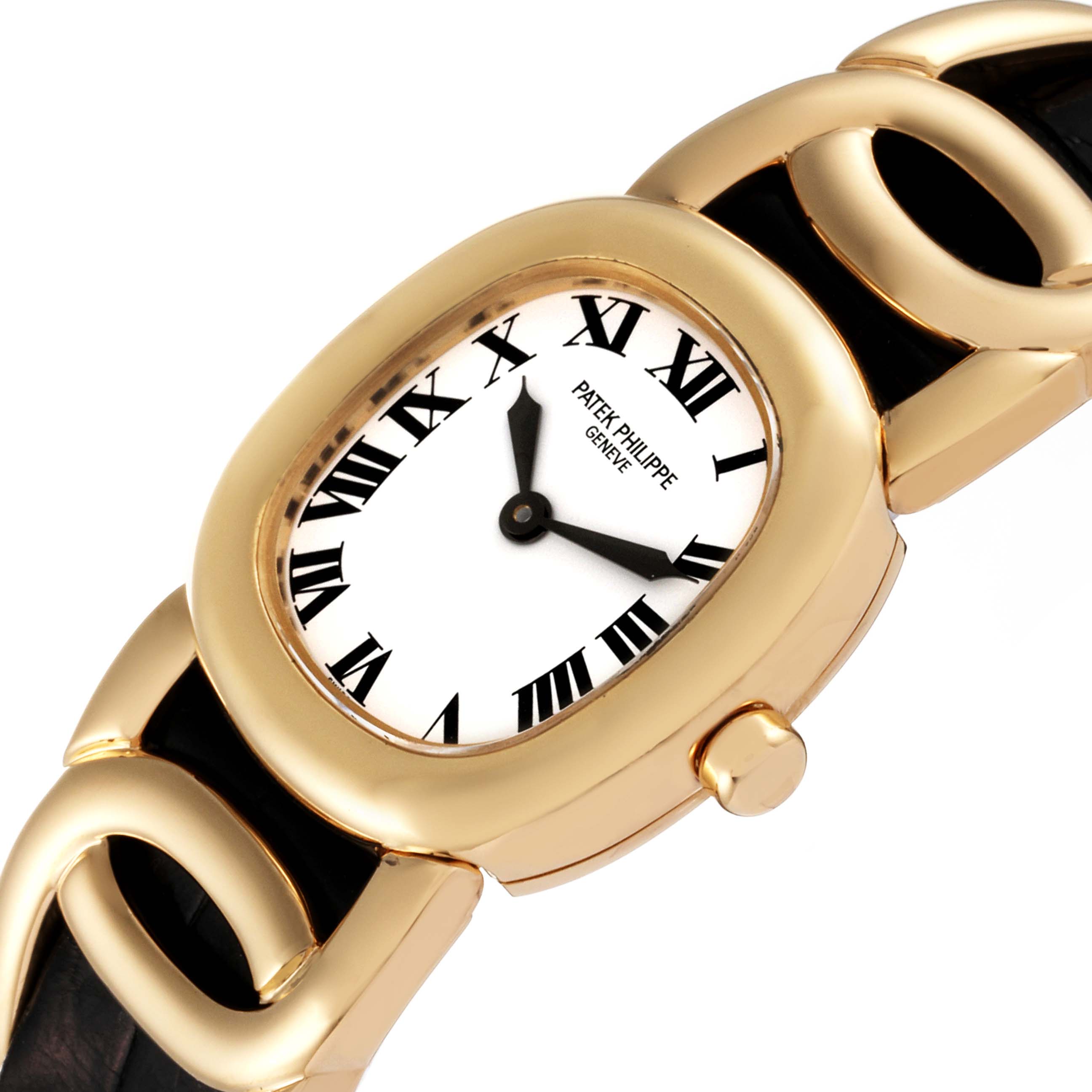 The image shows a Patek Philippe Golden Ellipse 4830 Women's Yellow Gold White Dial 4830 Women's Yellow Gold White Dial watch at an angled view, highlighting its face, Roman numerals, and part of its bracelet.