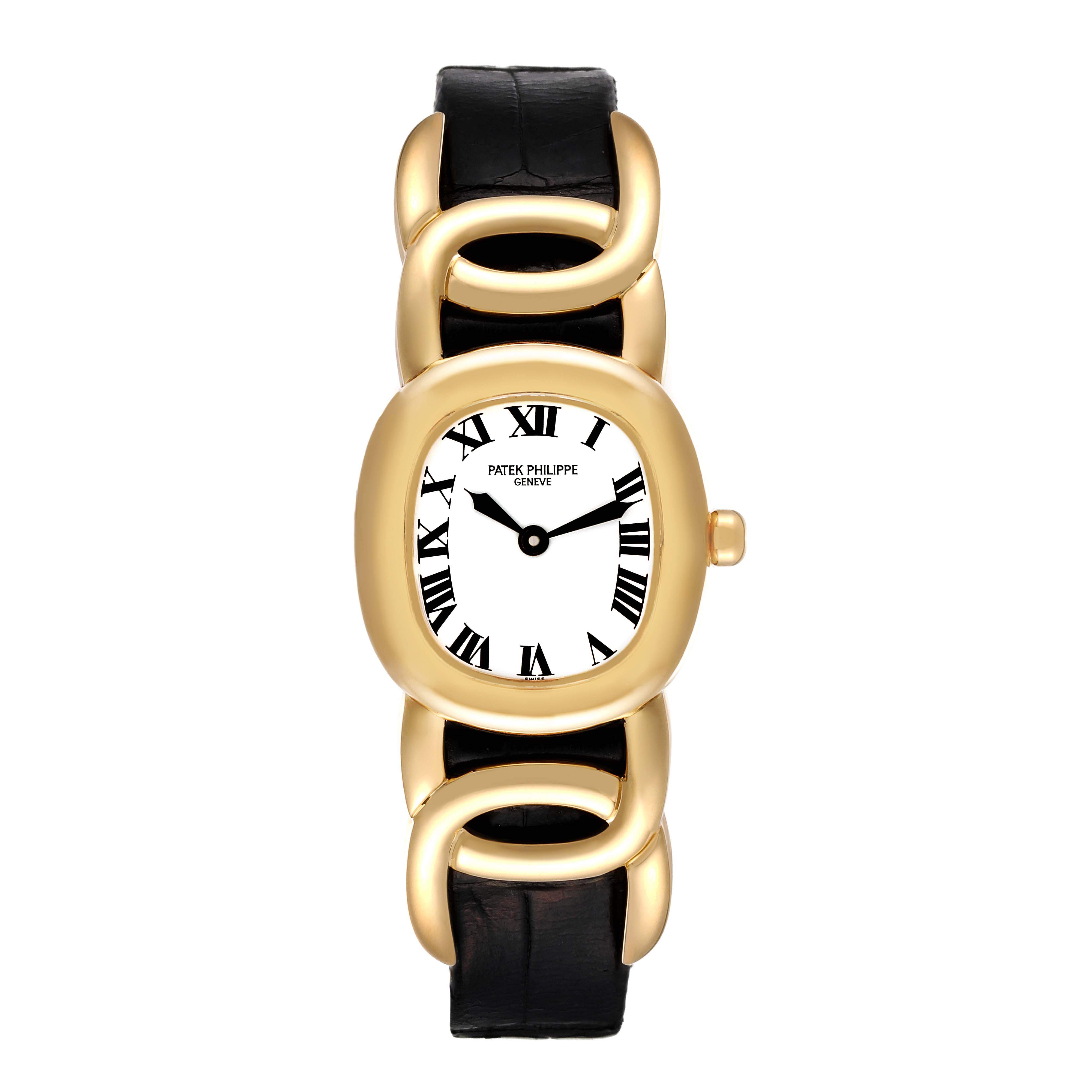 The image shows a front view of the Patek Philippe Golden Ellipse 4830 Women's Yellow Gold White Dial 4830 Women's Yellow Gold White Dial watch, featuring a gold case and black leather strap.