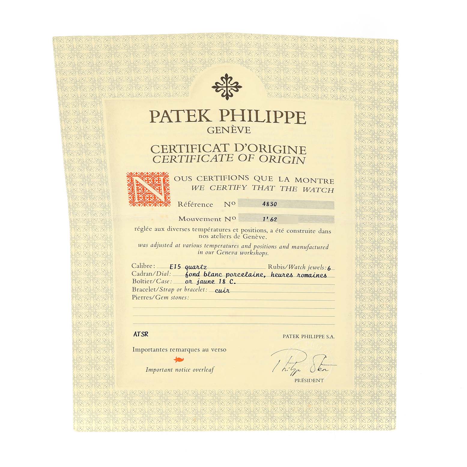 This image shows the certificate of origin for the Patek Philippe Golden Ellipse 4830 Women's Yellow Gold White Dial 4830 Women's Yellow Gold White Dial model watch.
