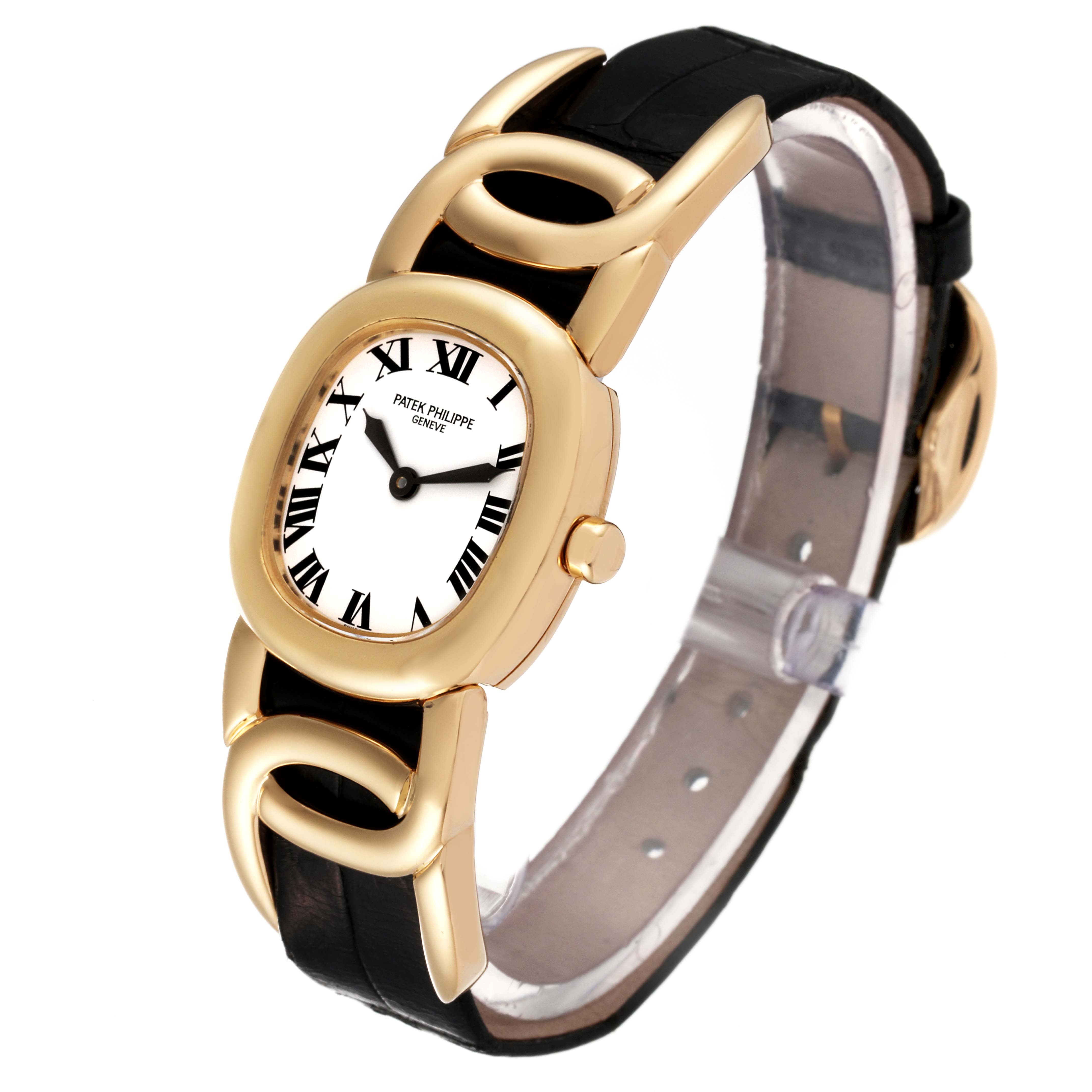 The image shows a Patek Philippe Golden Ellipse 4830 Women's Yellow Gold White Dial 4830 Women's Yellow Gold White Dial watch angled to display the face, bezel, strap, and crown.