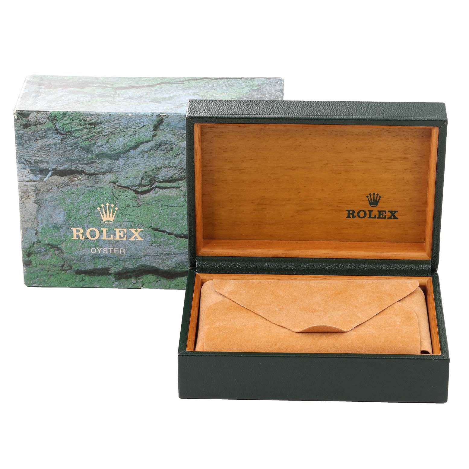 The image shows a Rolex Air-King 14000 Men's Stainless Steel Blue Dial 14000 Men's Stainless Steel Blue Dial watch box and packaging, including a green outer box and an open wooden inner box.
