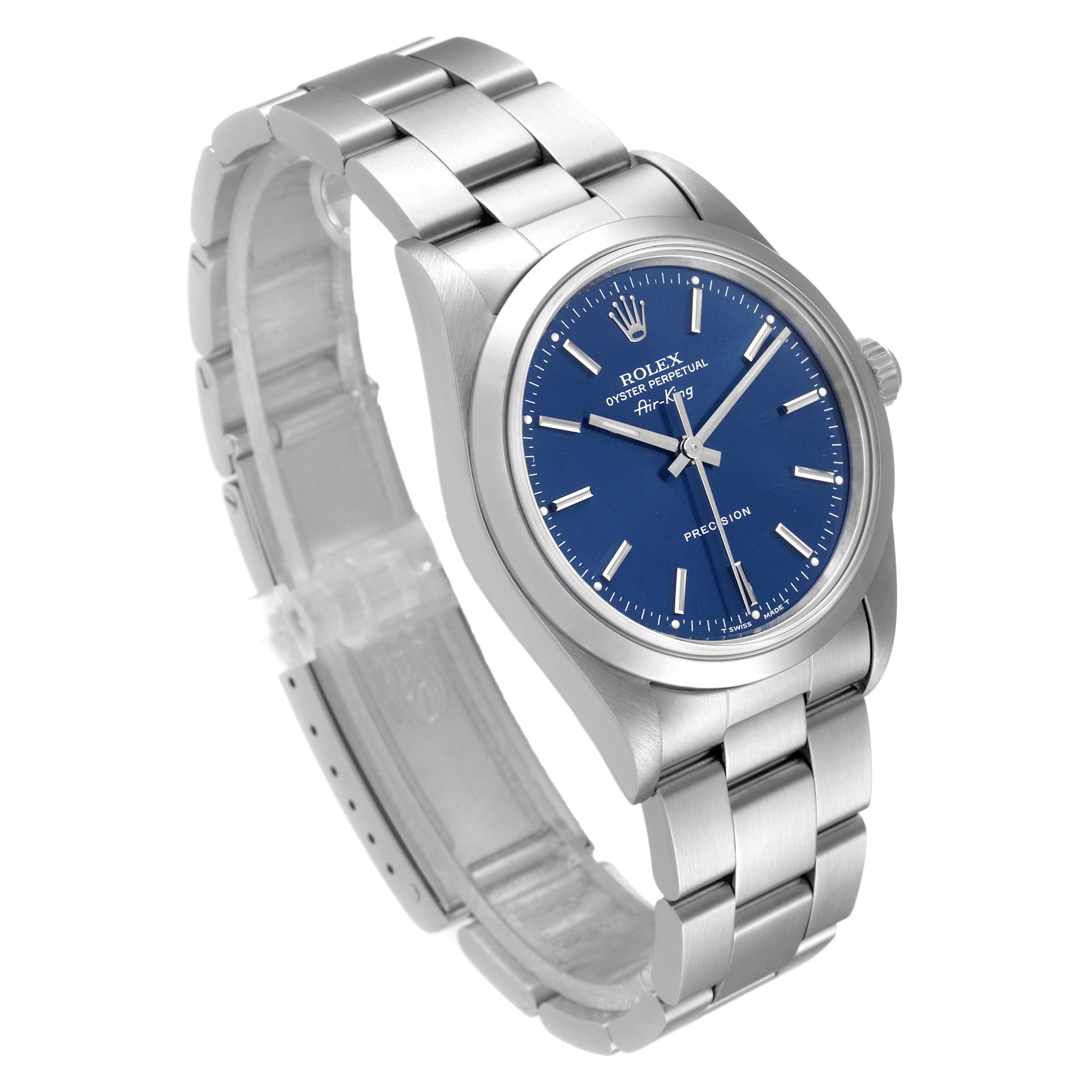 The image shows a side and front angle of the Rolex Air-King 14000 Men's Stainless Steel Blue Dial 14000 Men's Stainless Steel Blue Dial watch with its blue dial and stainless steel bracelet.