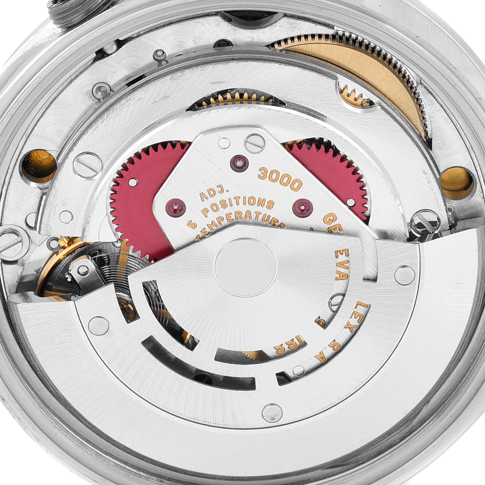 This image shows the intricate movement mechanism of a Rolex Air-King 14000 Men's Stainless Steel Blue Dial 14000 Men's Stainless Steel Blue Dial watch viewed from the back.