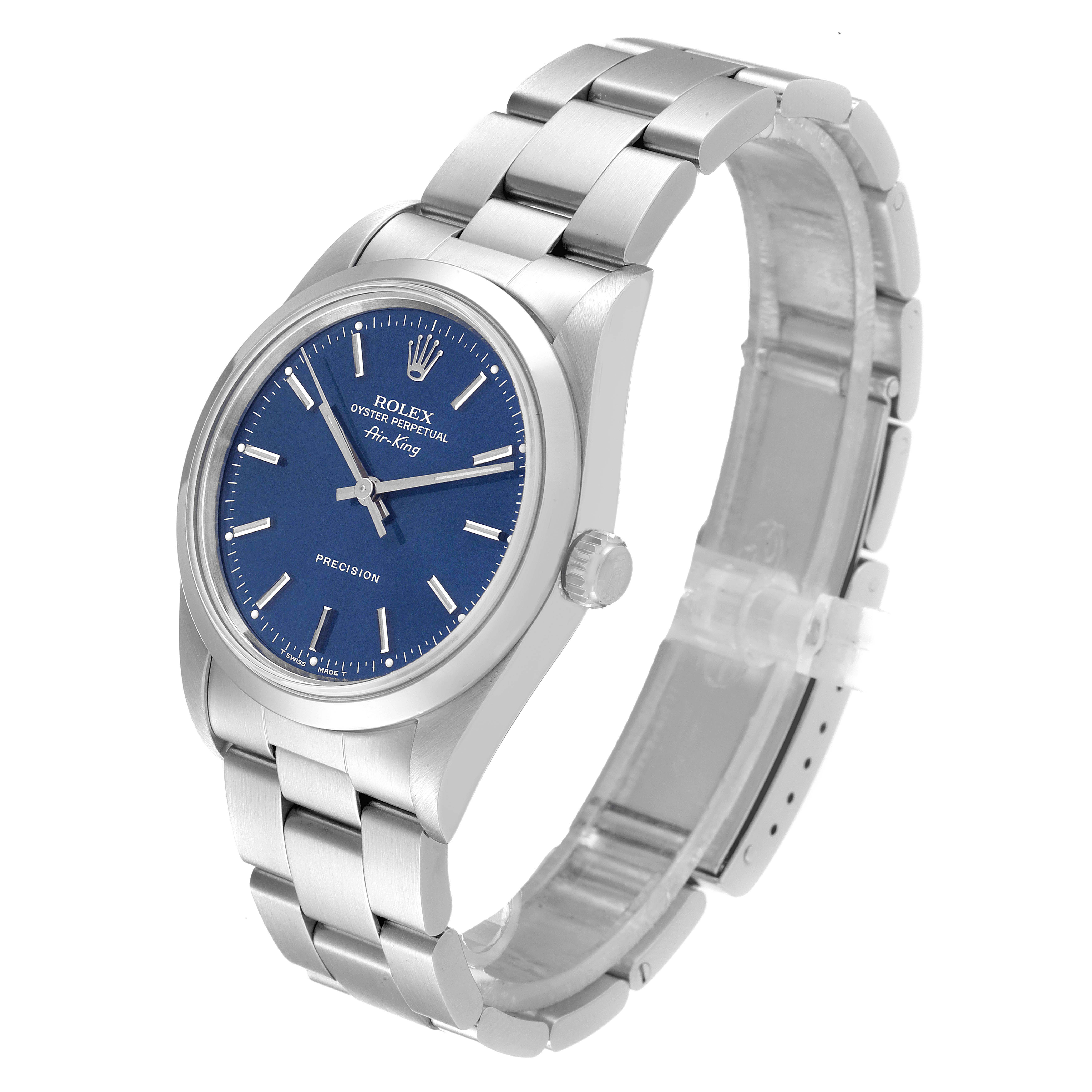 The Rolex Air-King 14000 Men's Stainless Steel Blue Dial 14000 Men's Stainless Steel Blue Dial watch is shown at a three-quarter angle, highlighting the blue dial, crown, and metal bracelet.