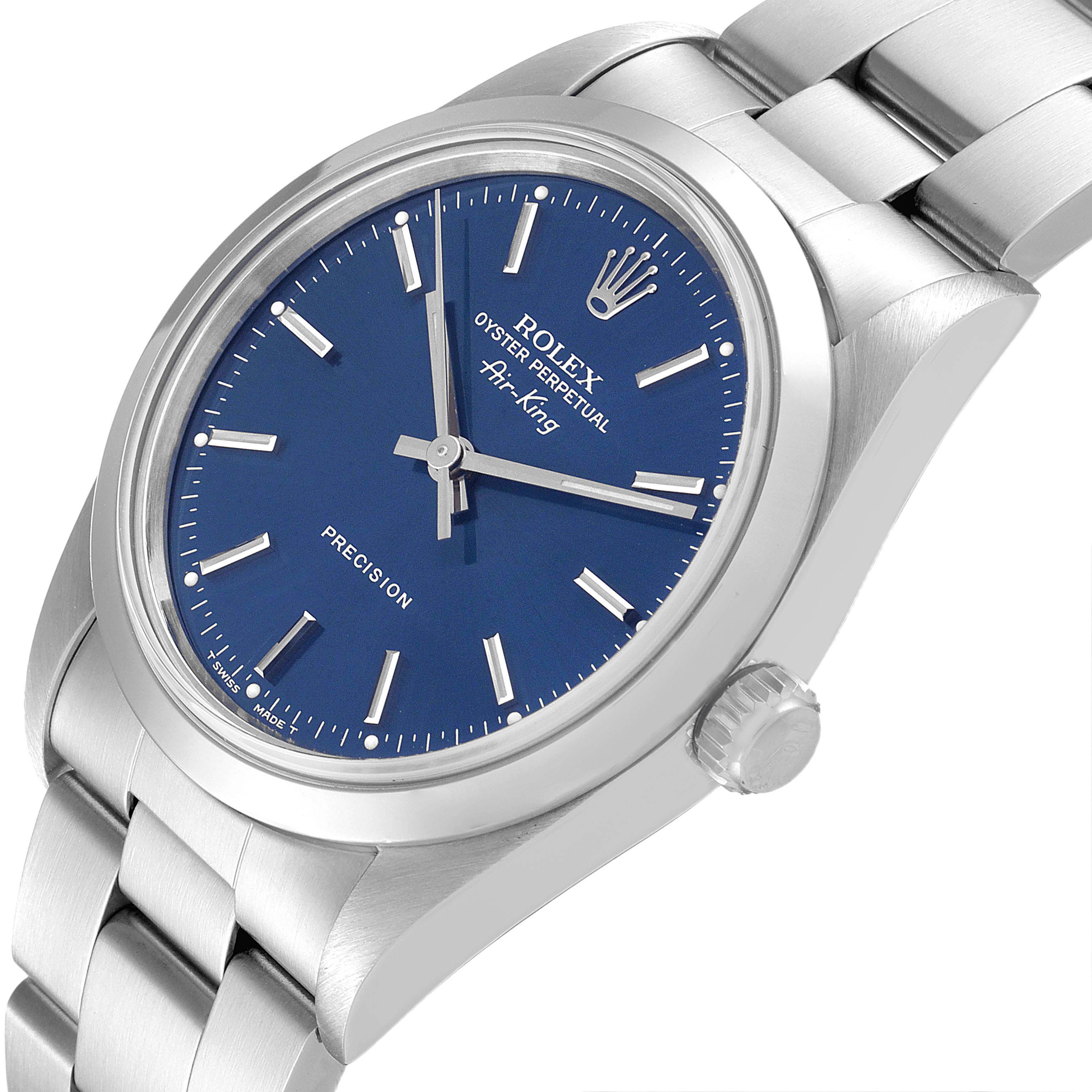 The image shows a Rolex Air-King 14000 Men's Stainless Steel Blue Dial 14000 Men's Stainless Steel Blue Dial watch angled slightly from the front, featuring the blue dial, crown, and part of the bracelet.