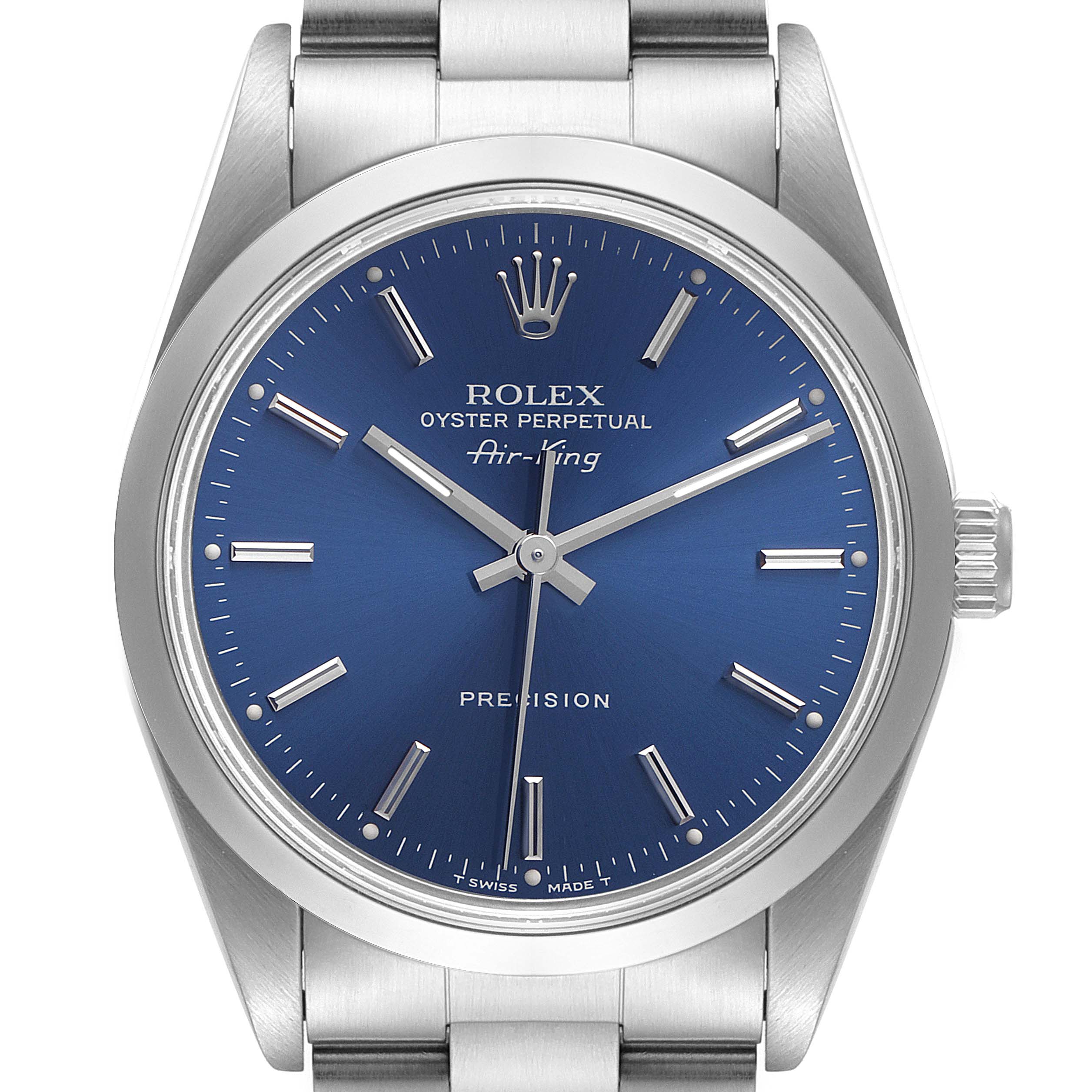 The image shows a front view of the Rolex Air-King 14000 Men's Stainless Steel Blue Dial 14000 Men's Stainless Steel Blue Dial watch, displaying the dial, hands, hour markers, and part of the bracelet.