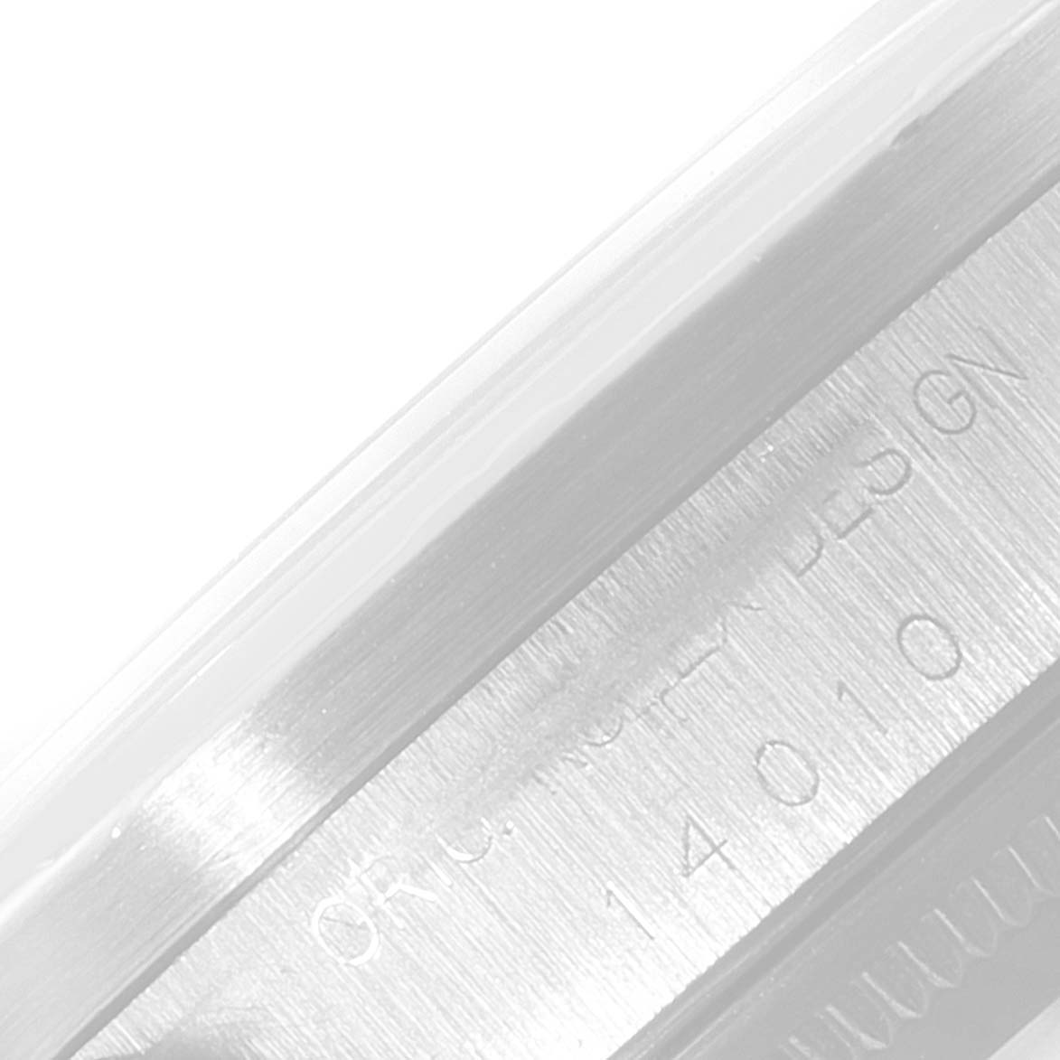 This is a close-up of the side case showing the engraved model number of a Rolex Air-King 14010 Men's Stainless Steel Blue Dial 14010 Men's Stainless Steel Blue Dial watch.