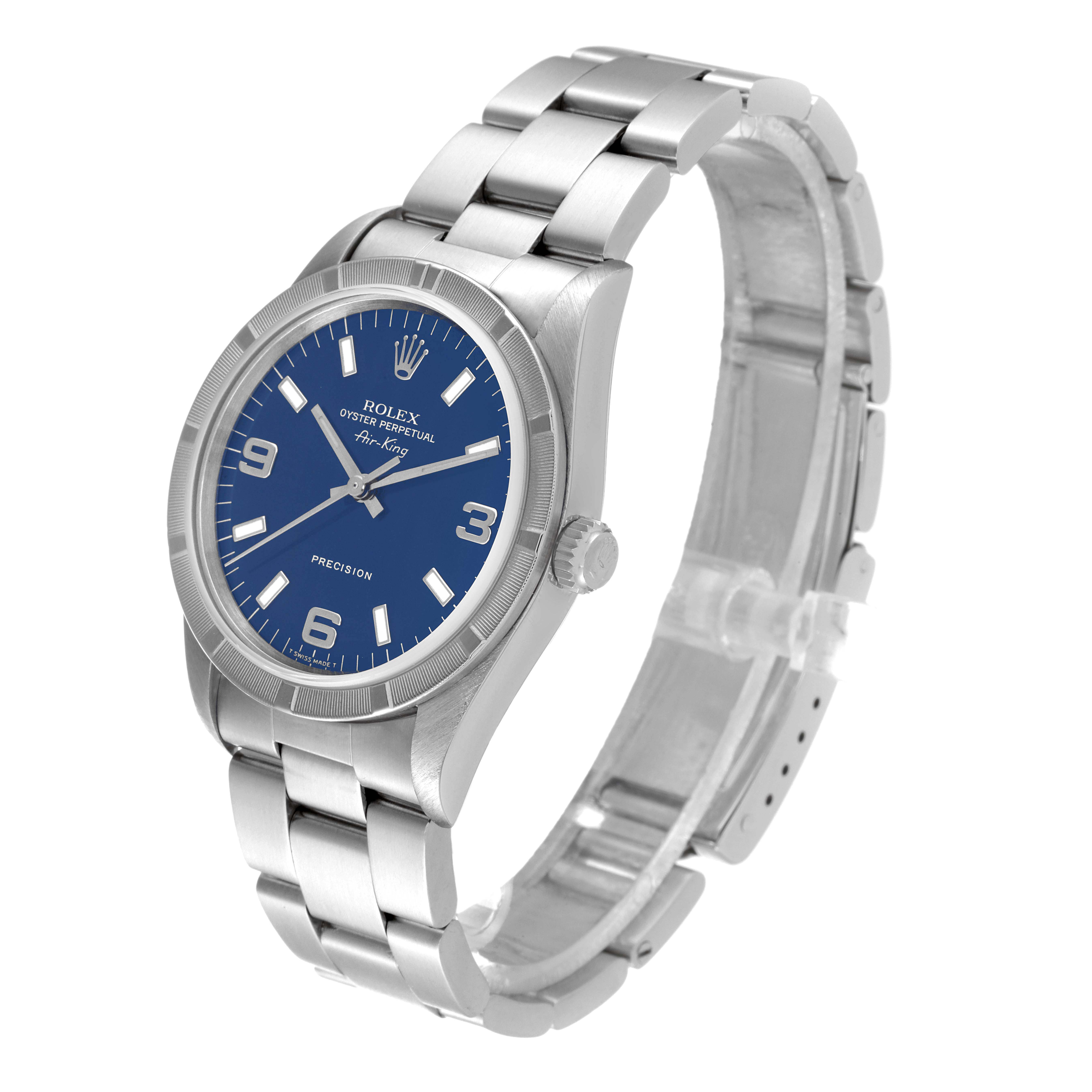 This image shows a Rolex Air-King 14010 Men's Stainless Steel Blue Dial 14010 Men's Stainless Steel Blue Dial watch angled from the front right side, highlighting the face, bezel, and bracelet.