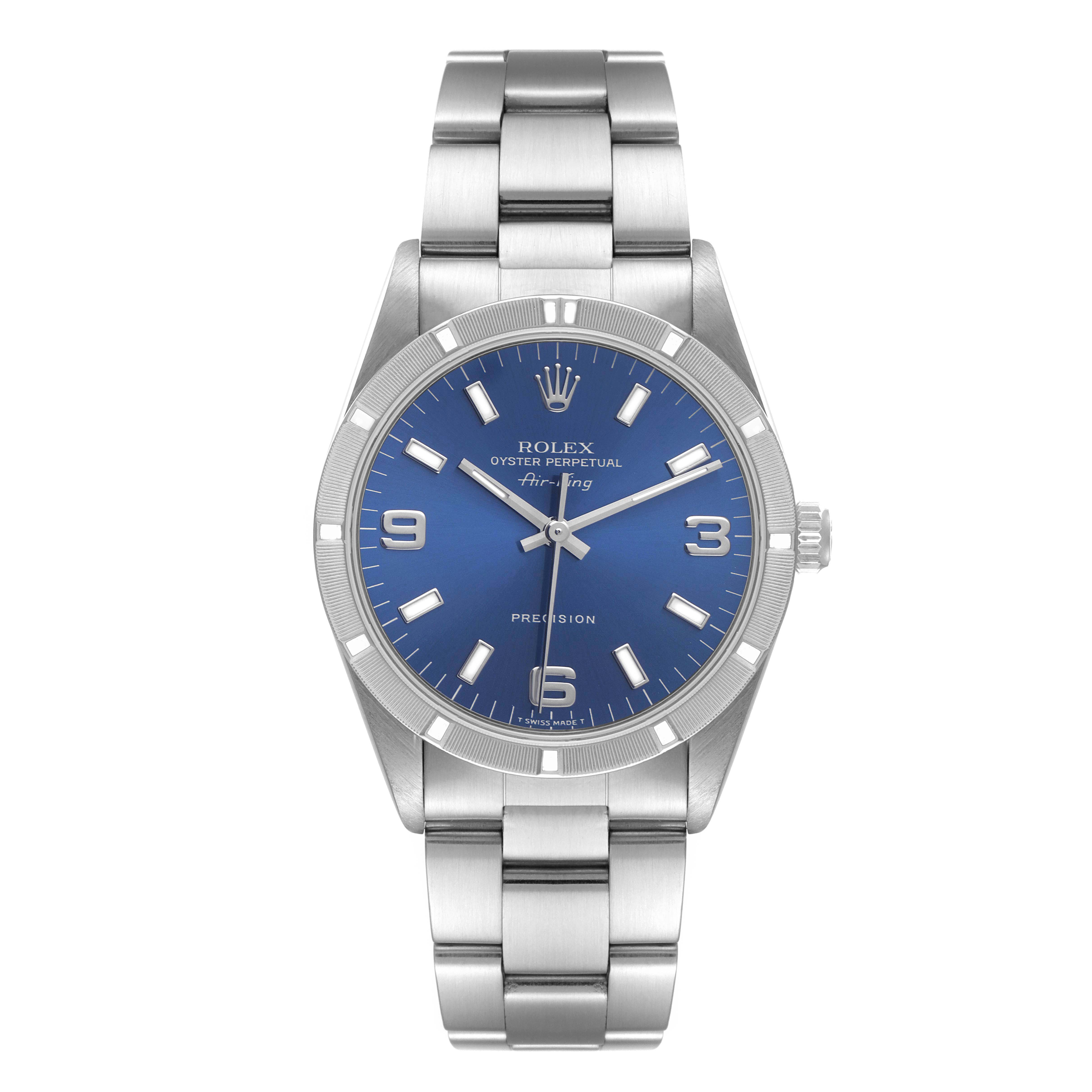 The Air-King model by Rolex is shown from a front angle, displaying its blue dial, bezel, and stainless steel bracelet.