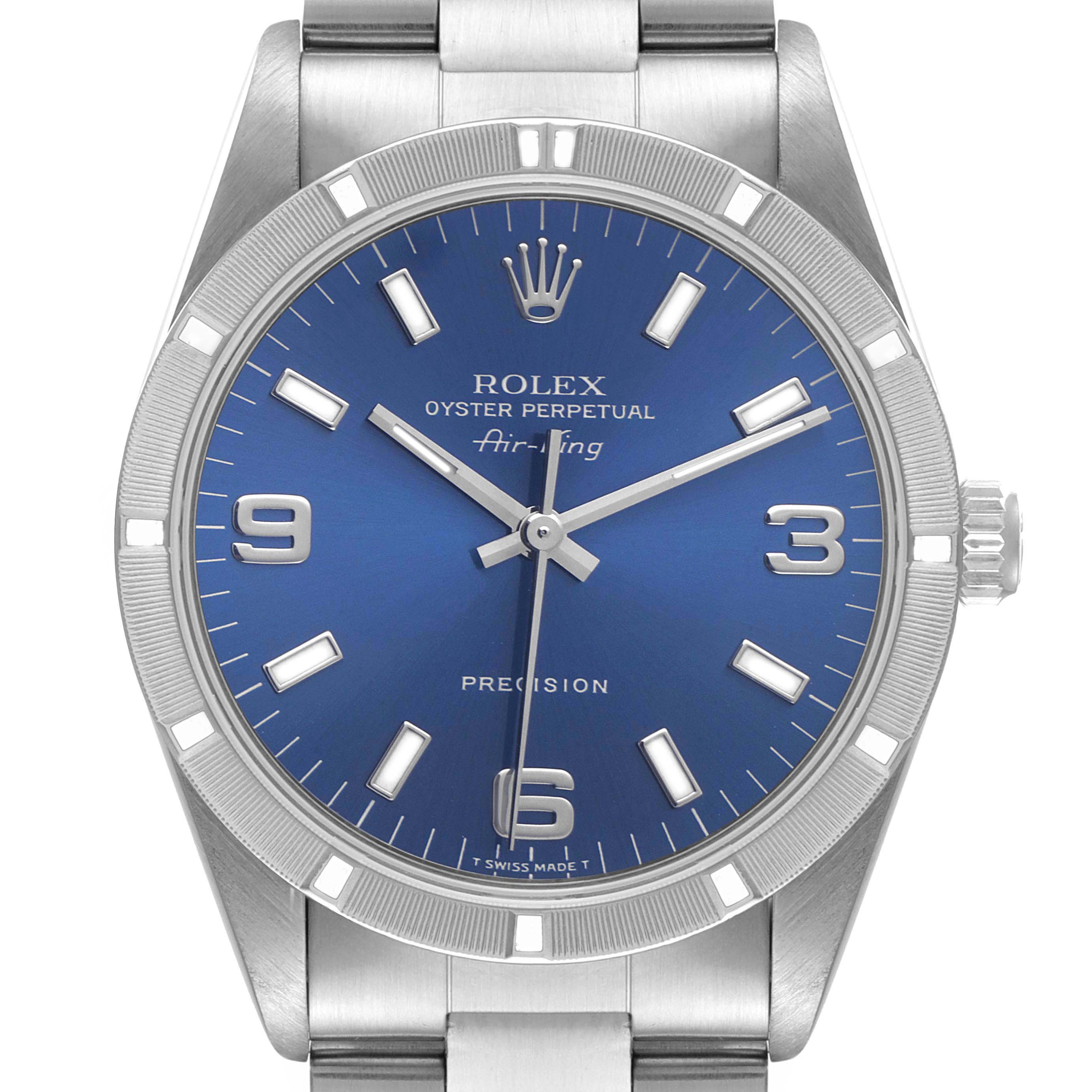 This image shows a front-view angle of the Rolex Air-King 14010 Men's Stainless Steel Blue Dial 14010 Men's Stainless Steel Blue Dial watch, featuring its face, bezel, and part of the bracelet.