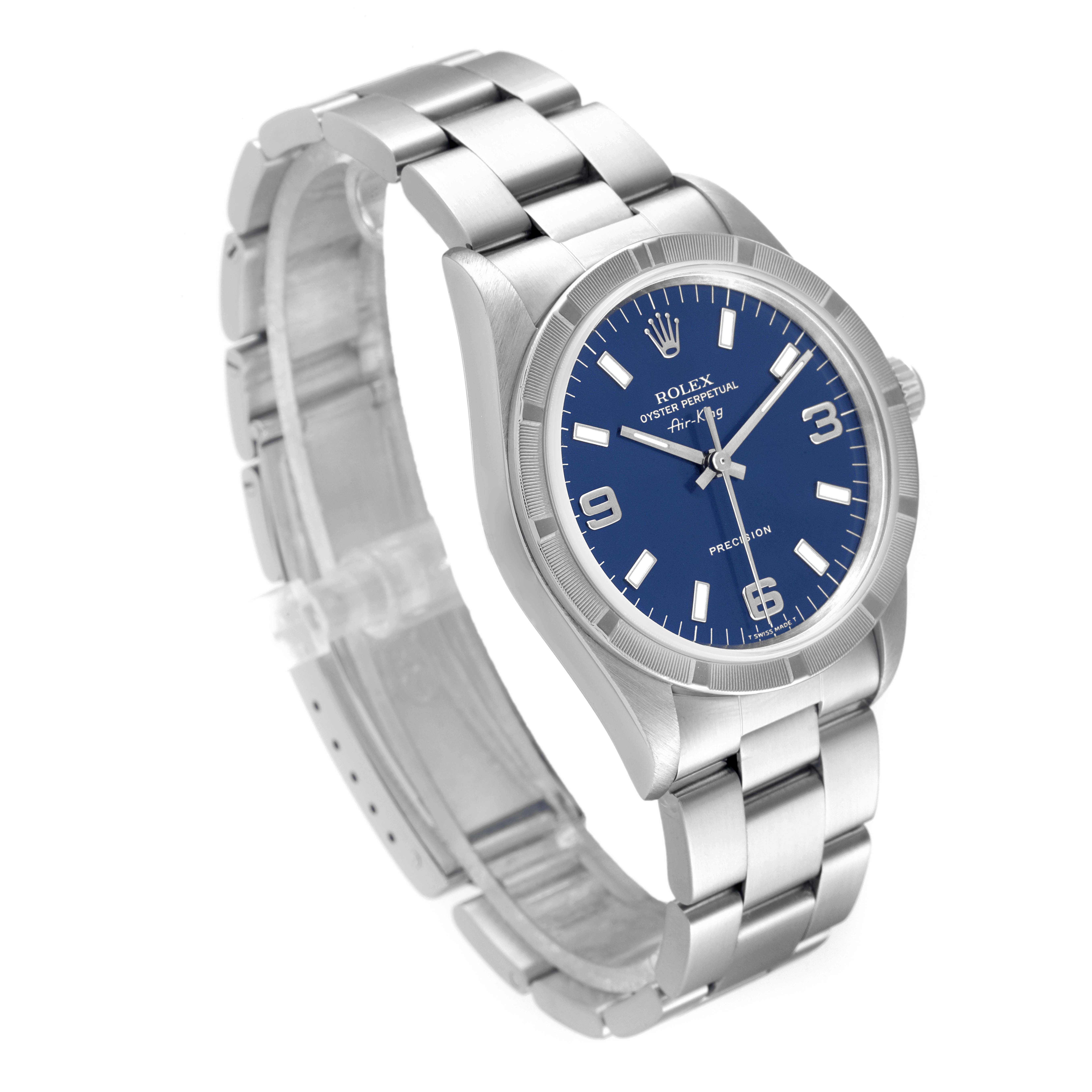 The Rolex Air-King 14010 Men's Stainless Steel Blue Dial 14010 Men's Stainless Steel Blue Dial watch is shown at a slightly angled side view displaying the face, bracelet, and clasp.