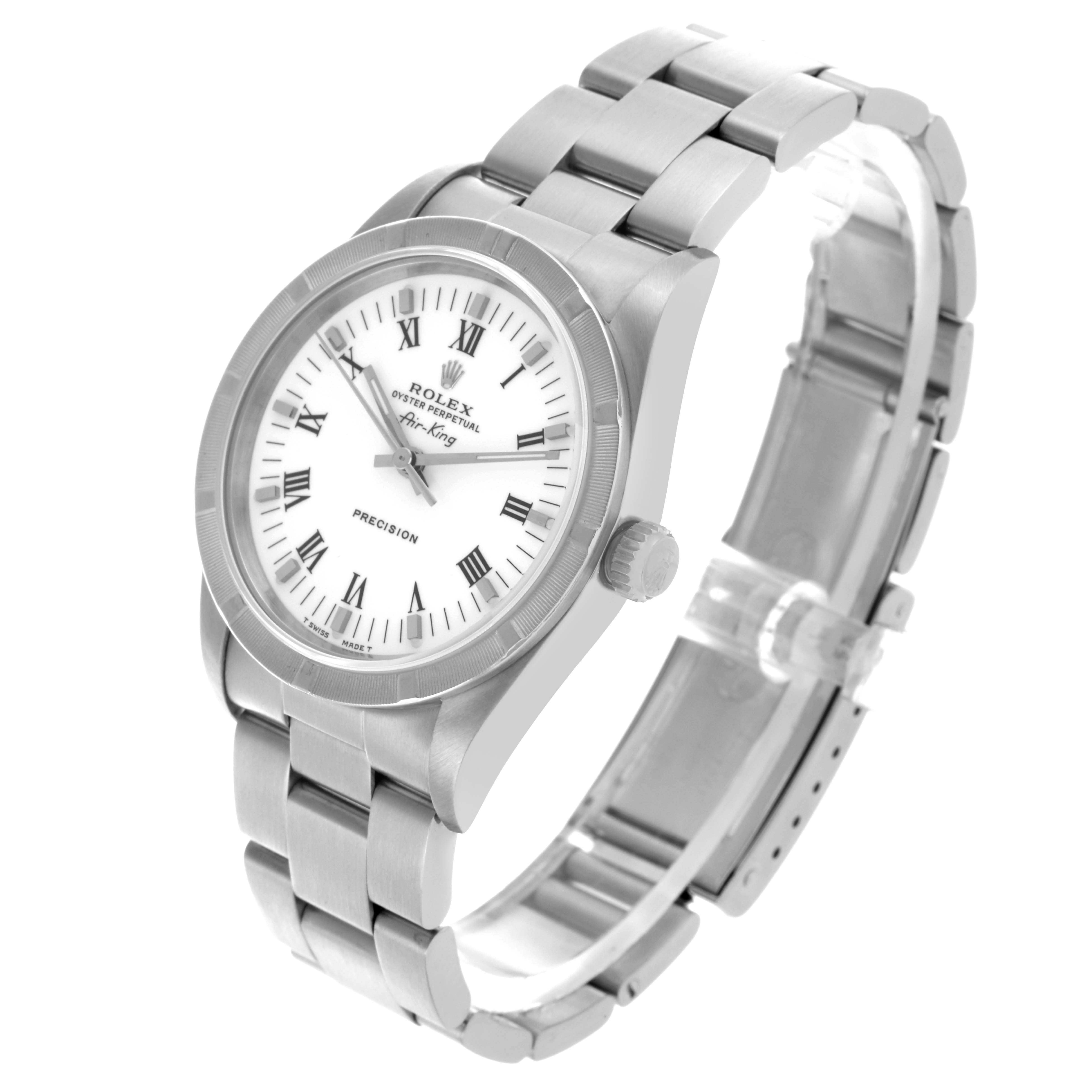 The Rolex Air-King 14010 Men's Stainless Steel White Dial 14010 Men's Stainless Steel White Dial watch is shown from a three-quarter angle, highlighting the face, bezel, crown, and bracelet.