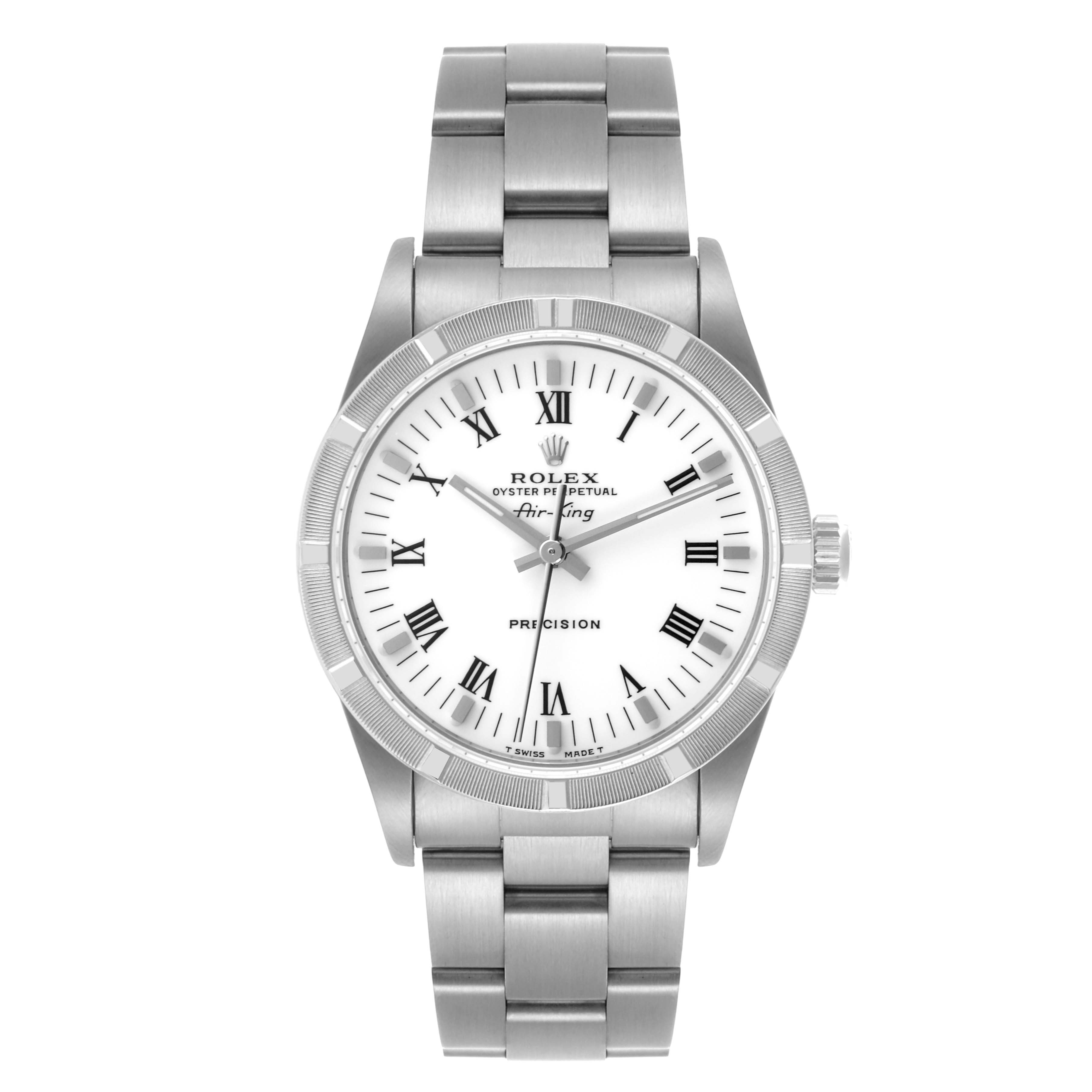 The Rolex Air-King 14010 Men's Stainless Steel White Dial 14010 Men's Stainless Steel White Dial watch is shown from a top-down angle, displaying its face, bezel, bracelet, and crown.