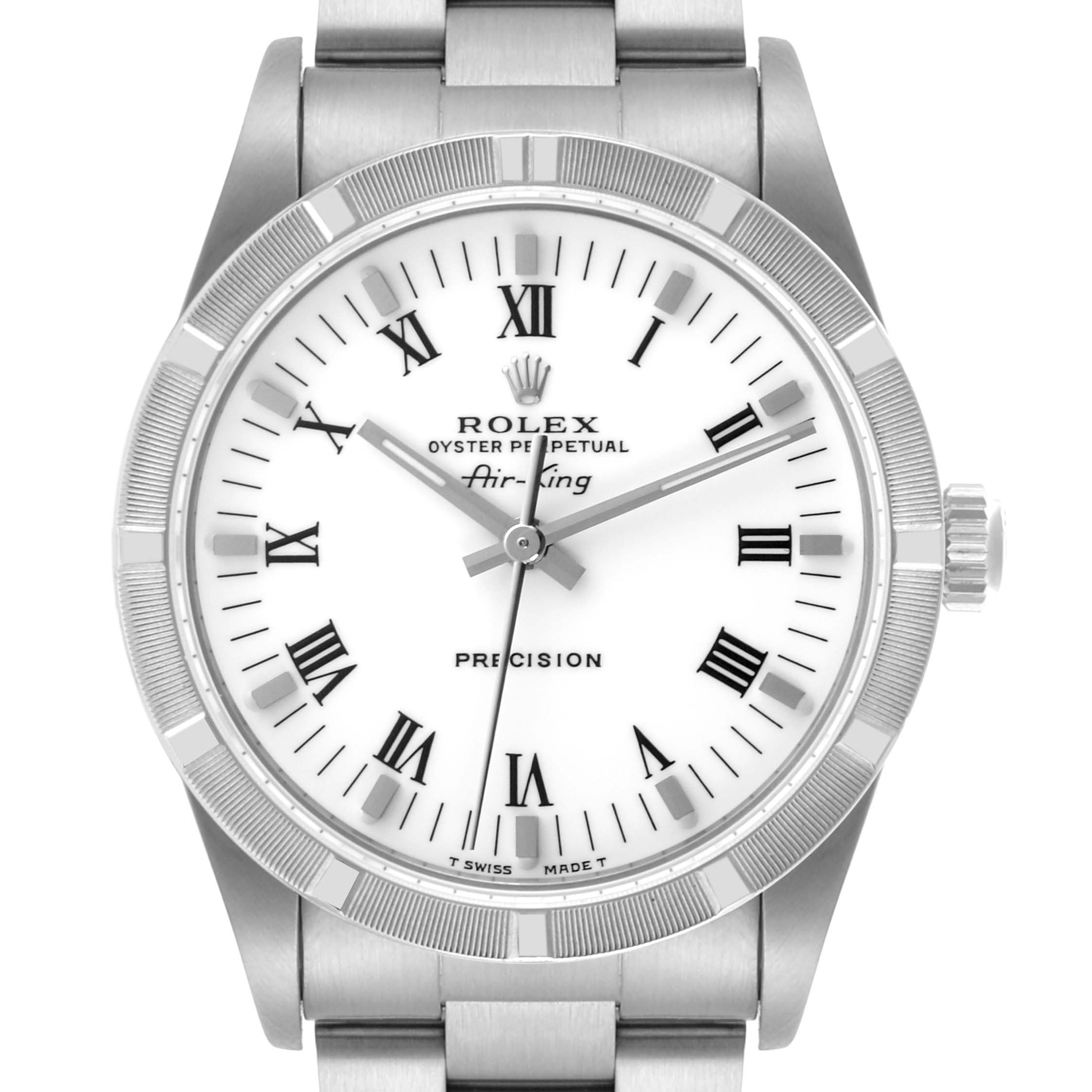 The Rolex Air-King 14010 Men's Stainless Steel White Dial 14010 Men's Stainless Steel White Dial watch is shown from the front, displaying the face, bezel, crown, and part of the bracelet.
