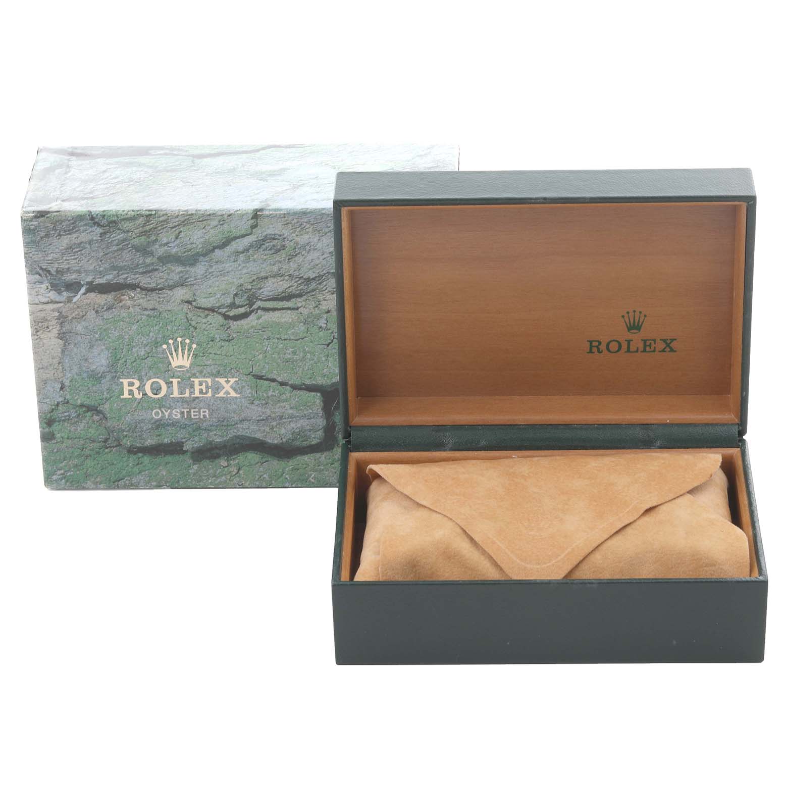 The image shows a Rolex Air-King 14010 Men's Stainless Steel White Dial 14010 Men's Stainless Steel White Dial watch box and cover, with the box open showing a suede pouch inside.