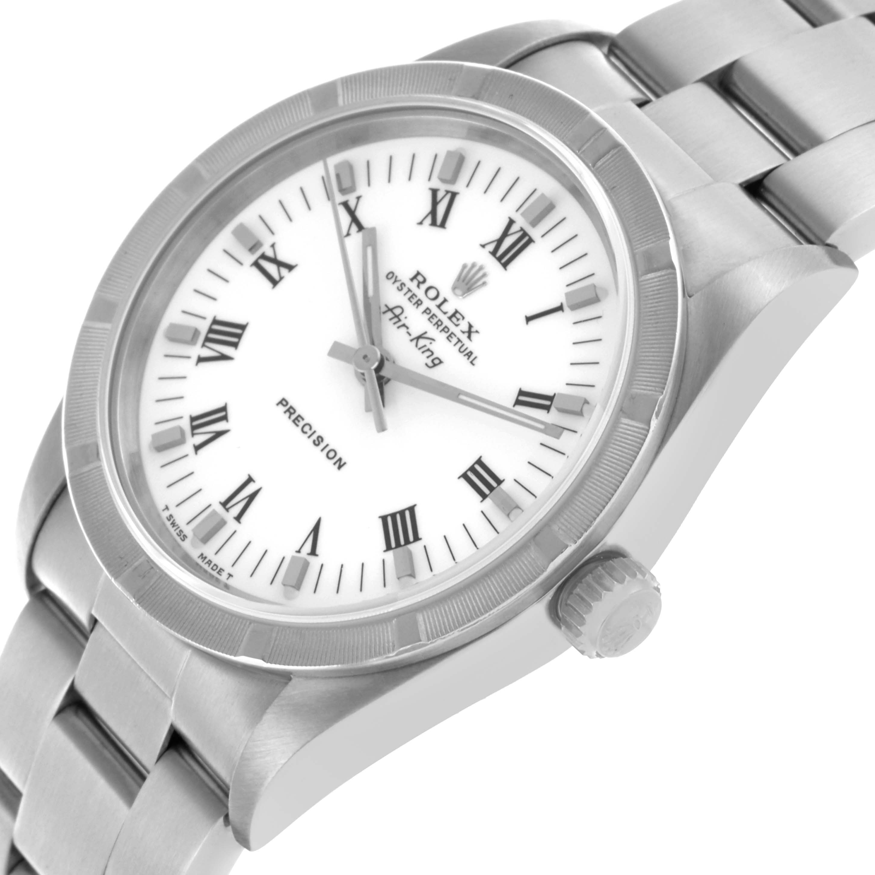 The Rolex Air-King 14010 Men's Stainless Steel White Dial 14010 Men's Stainless Steel White Dial watch is shown at an angled top-down view, displaying the face, bezel, crown, and part of the bracelet.