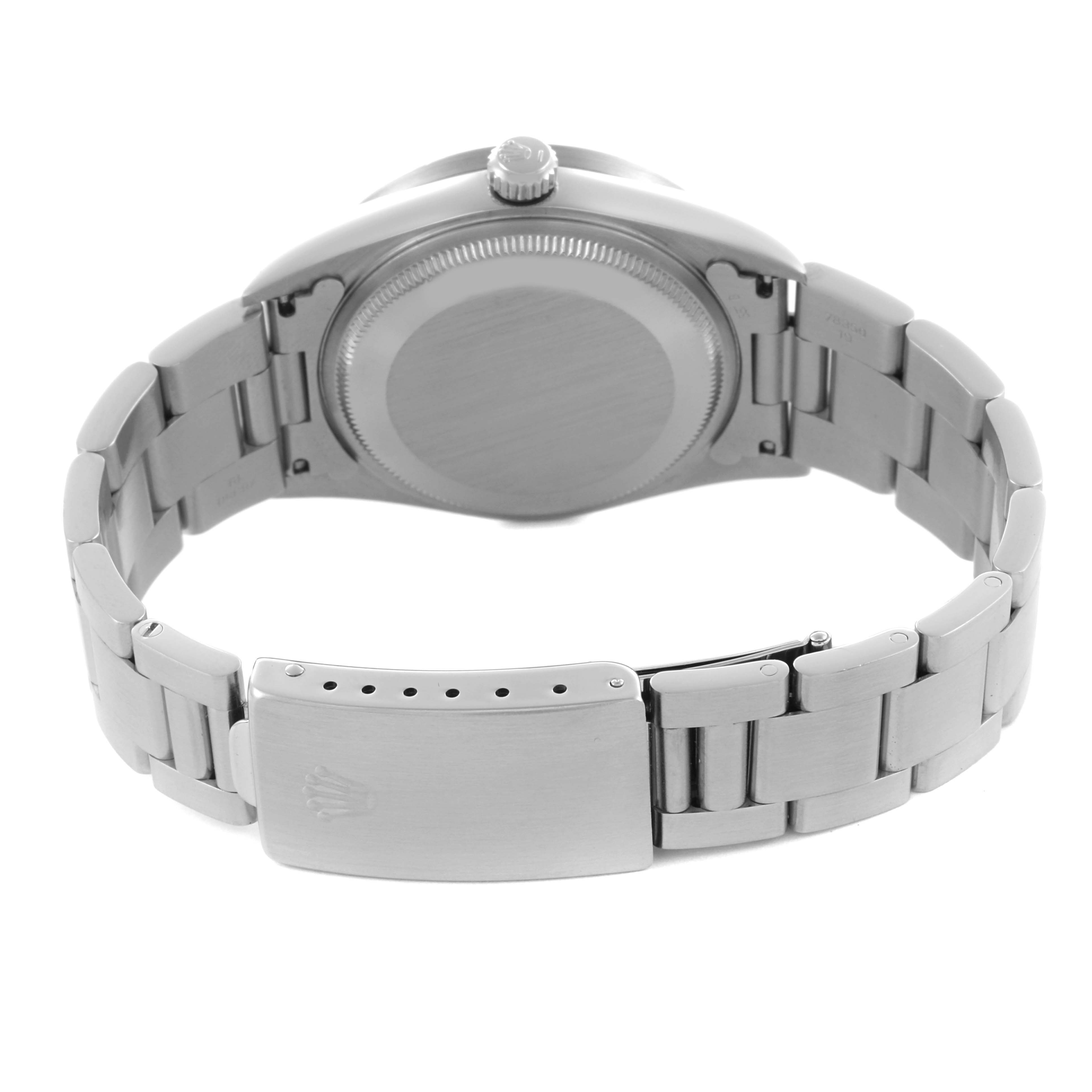 The image shows the back view of a Rolex Air-King 14010 Men's Stainless Steel White Dial 14010 Men's Stainless Steel White Dial watch, highlighting the bracelet and clasp.