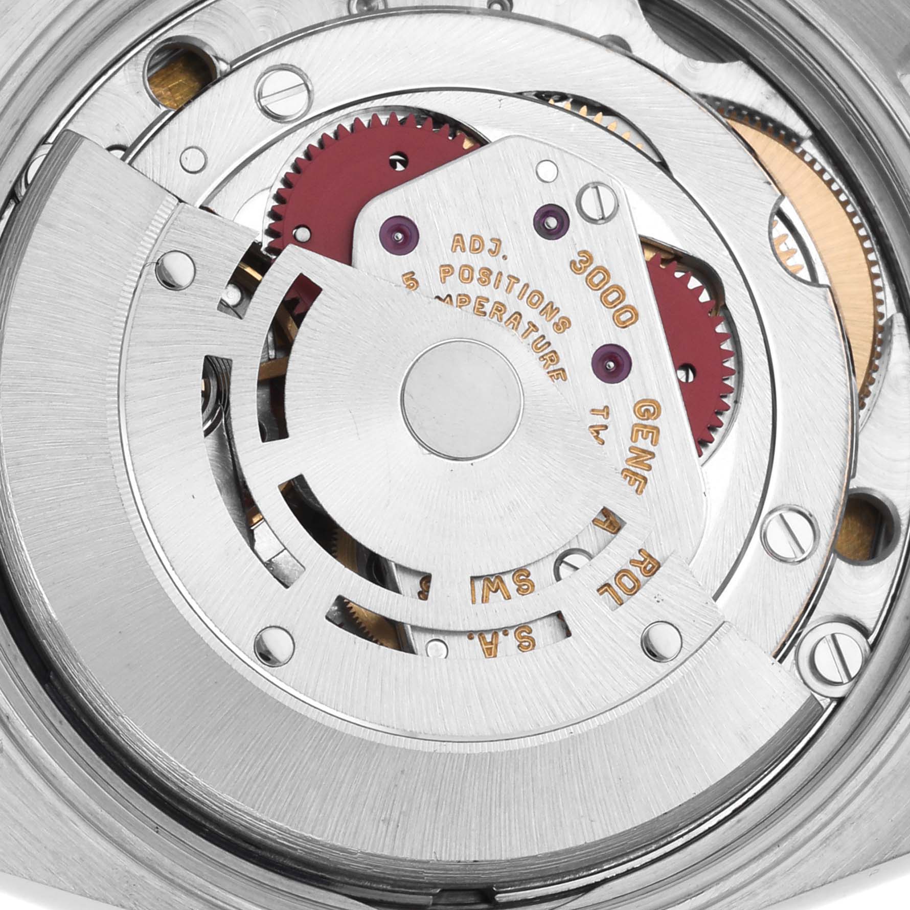 The image shows the Rolex Air-King 14010 Men's Stainless Steel White Dial 14010 Men's Stainless Steel White Dial watch movement from a top view, highlighting gears and engravings.