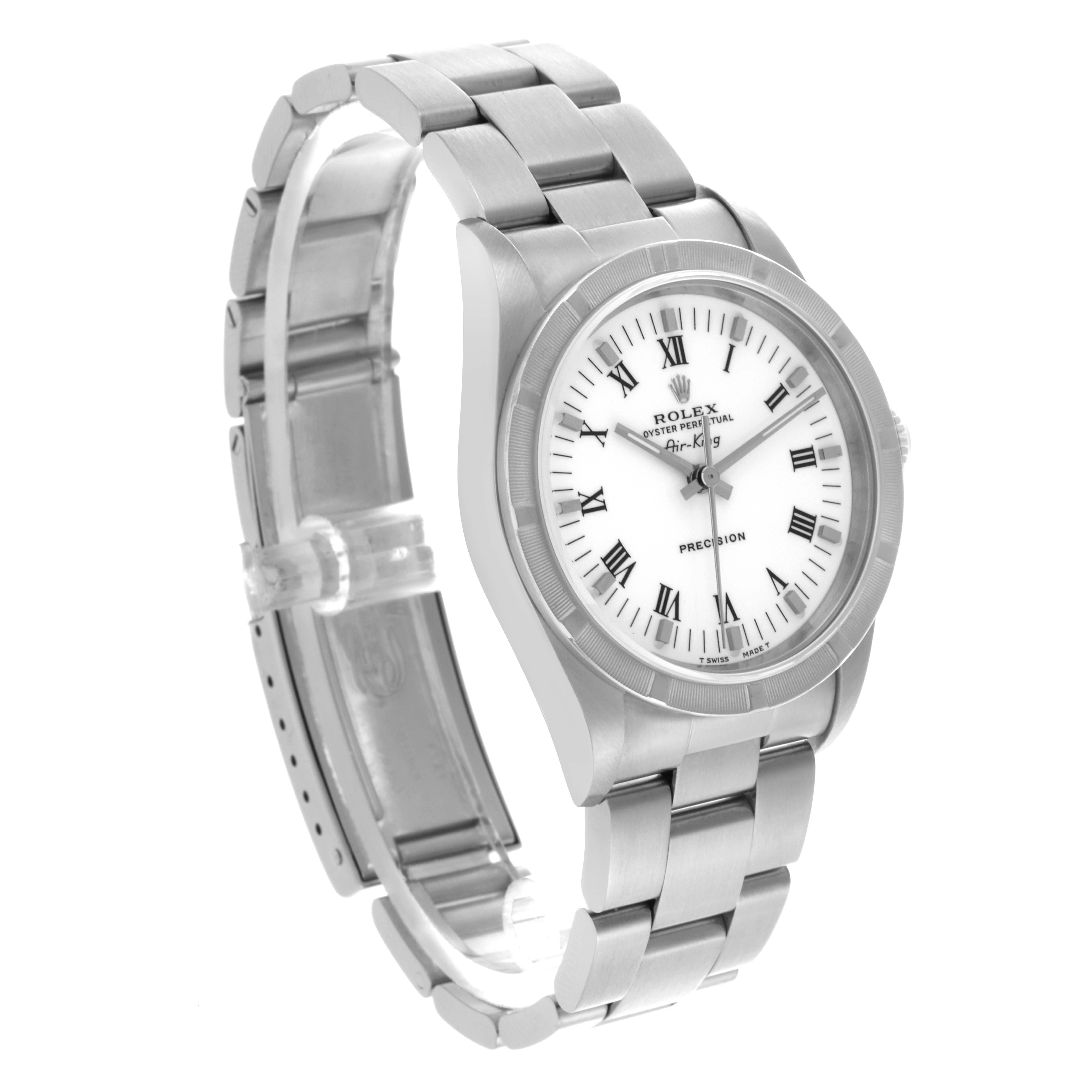 The Rolex Air-King 14010 Men's Stainless Steel White Dial 14010 Men's Stainless Steel White Dial watch is shown at a three-quarter angle, displaying the white dial, Roman numerals, casing, and bracelet.