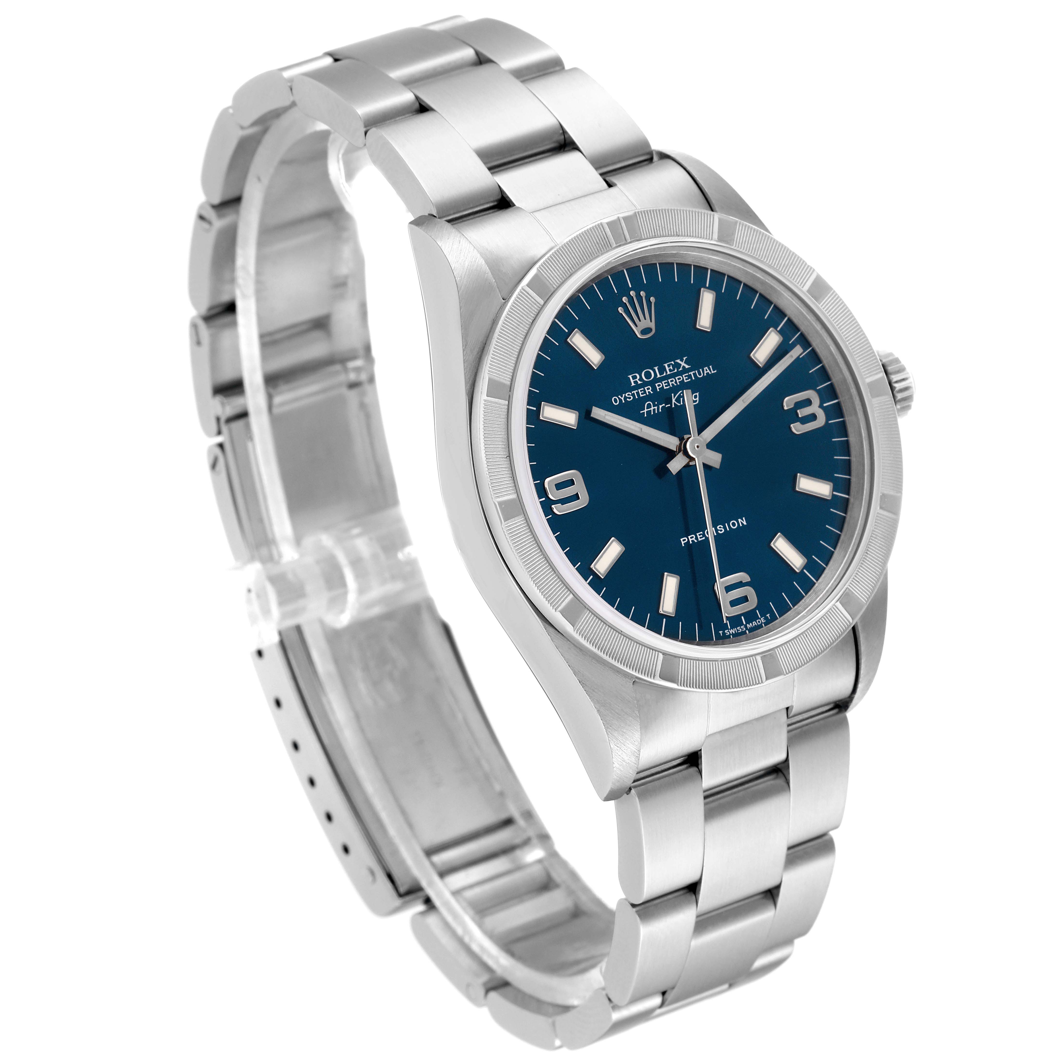 The Rolex Air-King 14010 Men's Stainless Steel Blue Dial 14010 Men's Stainless Steel Blue Dial model watch is shown at an angled view, displaying its face, bezel, and bracelet.