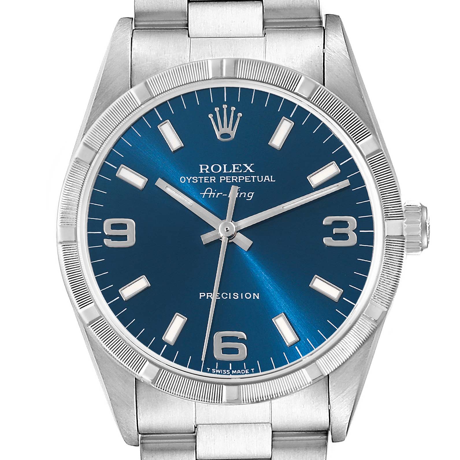 This image shows a front view of the Rolex Air-King 14010 Men's Stainless Steel Blue Dial 14010 Men's Stainless Steel Blue Dial watch, highlighting its blue dial, stainless steel case, and bracelet.