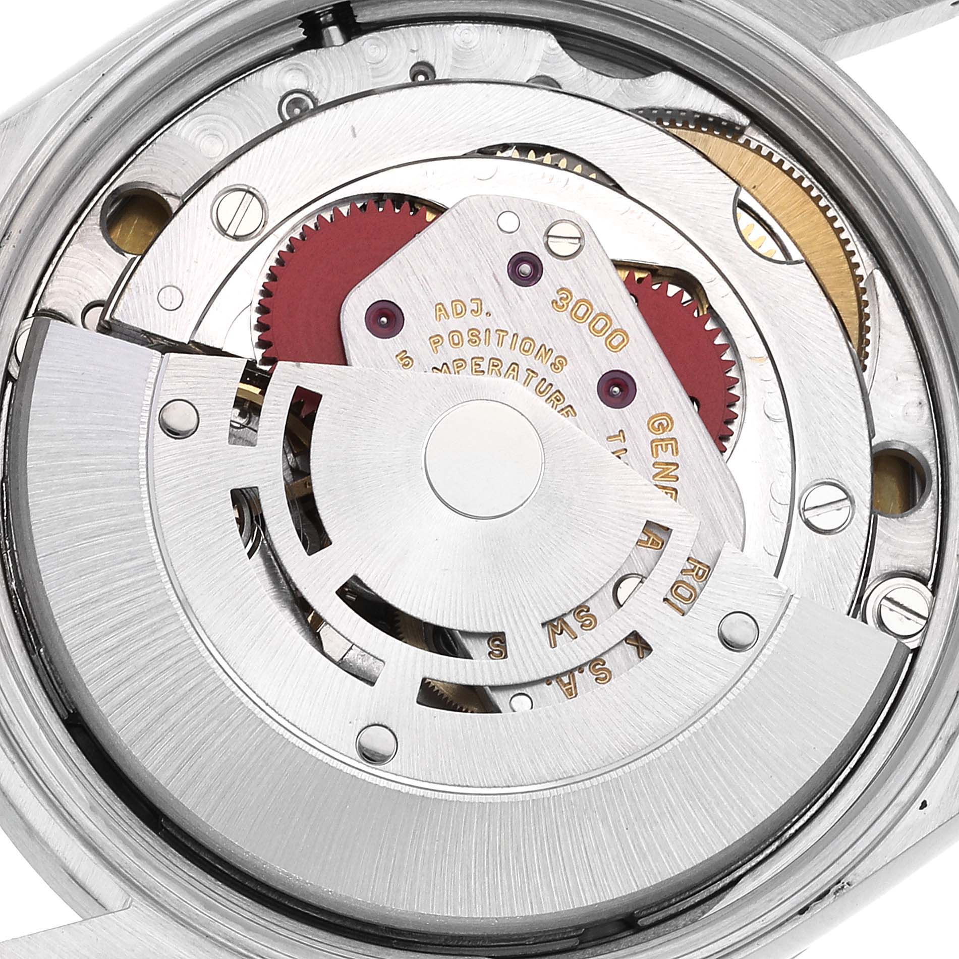 The image shows a close-up view of the movement and inner mechanics of a Rolex Air-King 14010 Men's Stainless Steel Blue Dial 14010 Men's Stainless Steel Blue Dial watch.