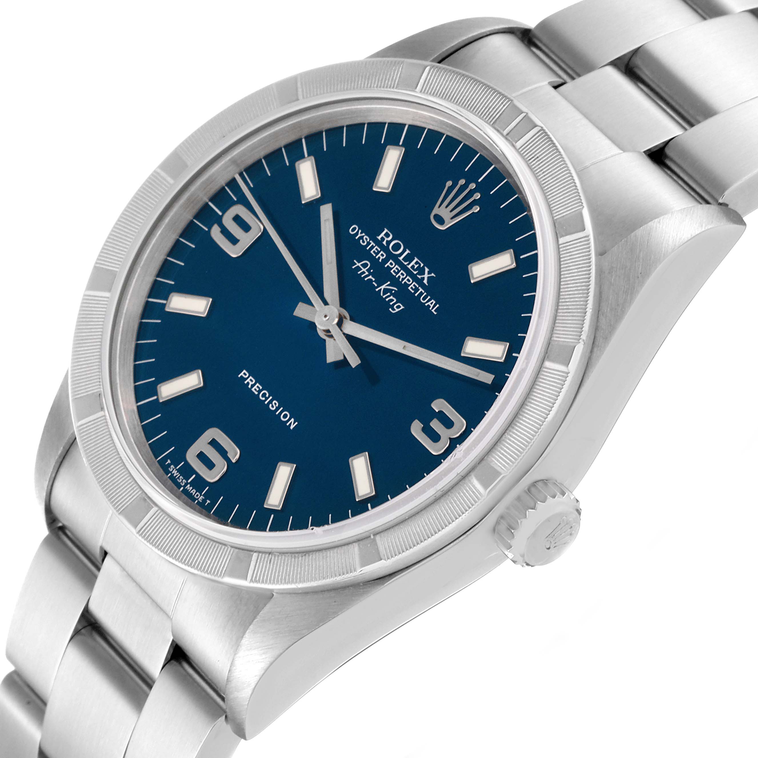 The image shows a Rolex Air-King 14010 Men's Stainless Steel Blue Dial 14010 Men's Stainless Steel Blue Dial watch from a slightly angled side view, highlighting the dial, bezel, crown, and part of the bracelet.