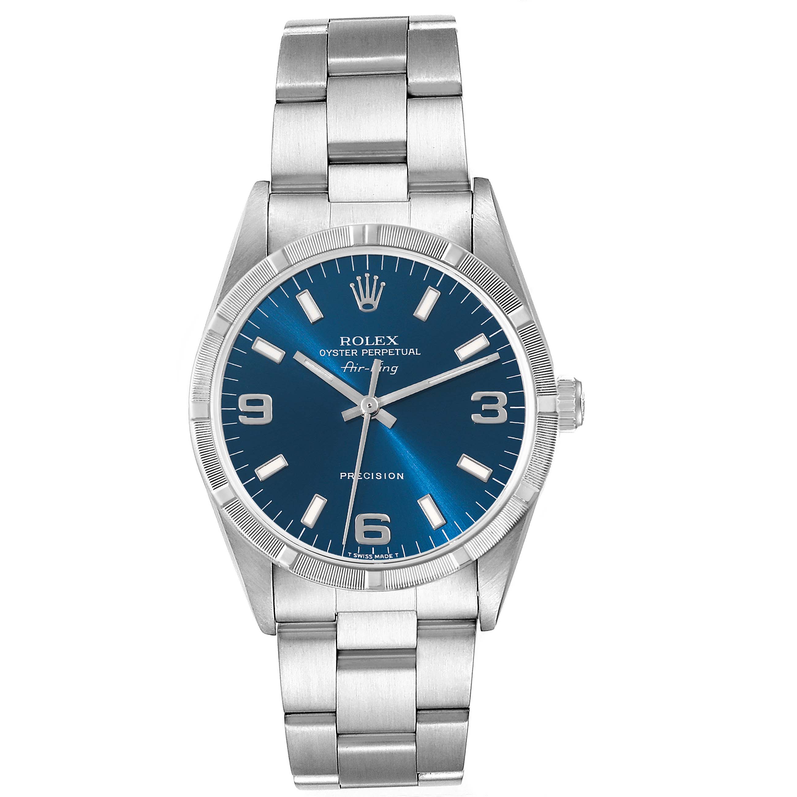 The image shows a front view of a Rolex Air-King 14010 Men's Stainless Steel Blue Dial 14010 Men's Stainless Steel Blue Dial watch, highlighting its blue dial and stainless steel bracelet.