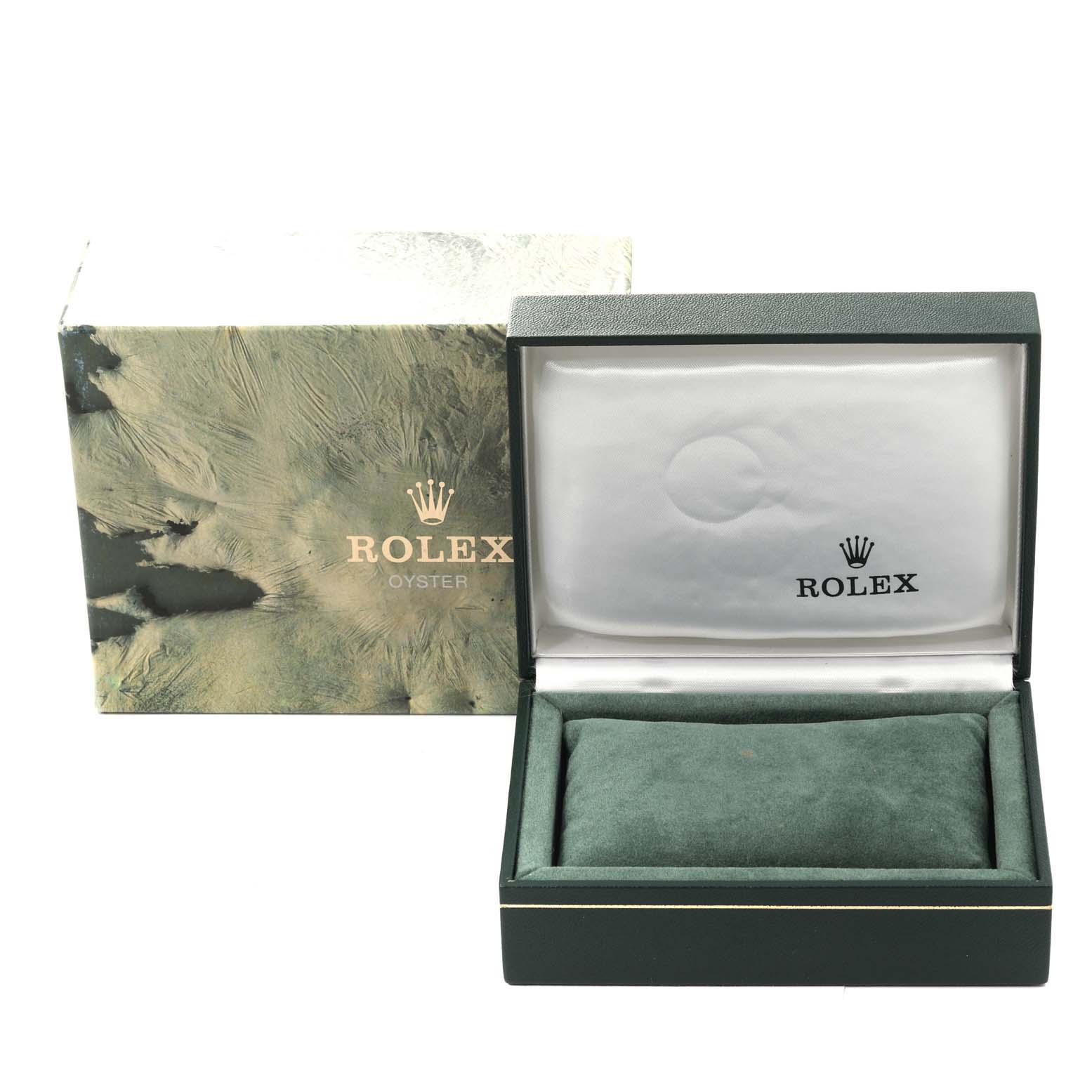 The image shows the open box and outer packaging for a Rolex Air-King 14010 Men's Stainless Steel Blue Dial 14010 Men's Stainless Steel Blue Dial watch with a visible cushion inside.