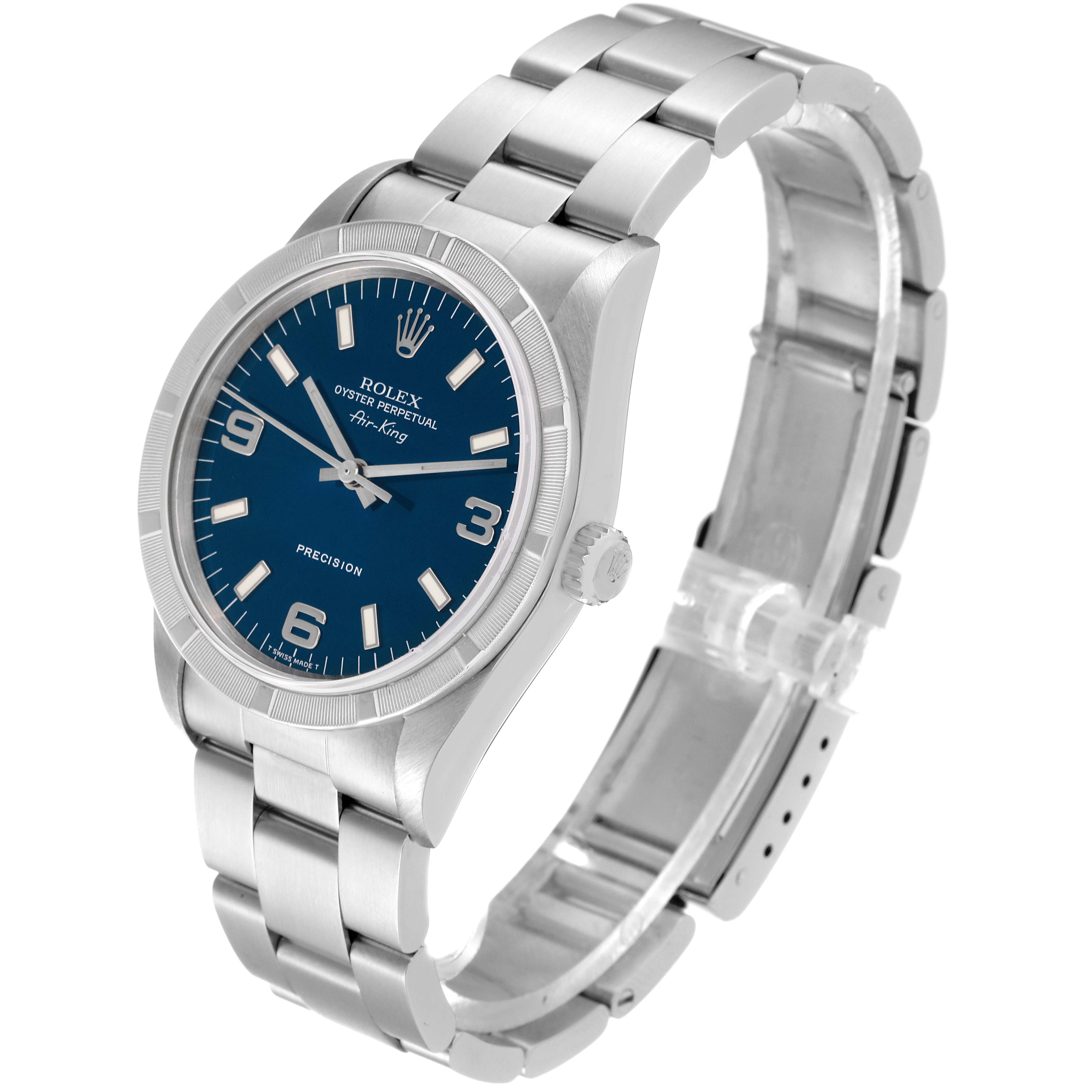 The image shows a Rolex Air-King 14010 Men's Stainless Steel Blue Dial 14010 Men's Stainless Steel Blue Dial watch at a slight angle, highlighting the dial, crown, and bracelet.