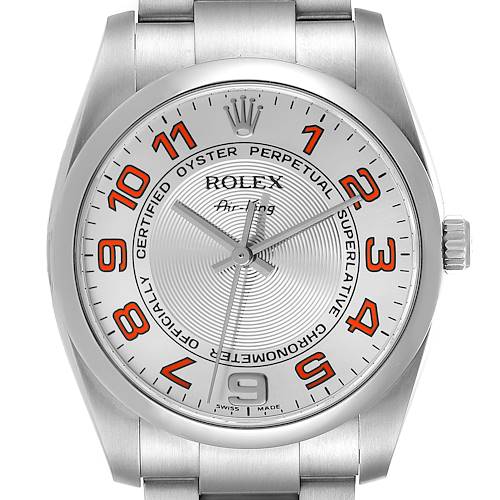 Photo of Rolex Air King Concentric Silver Orange Dial Mens Watch 114200 Box Card