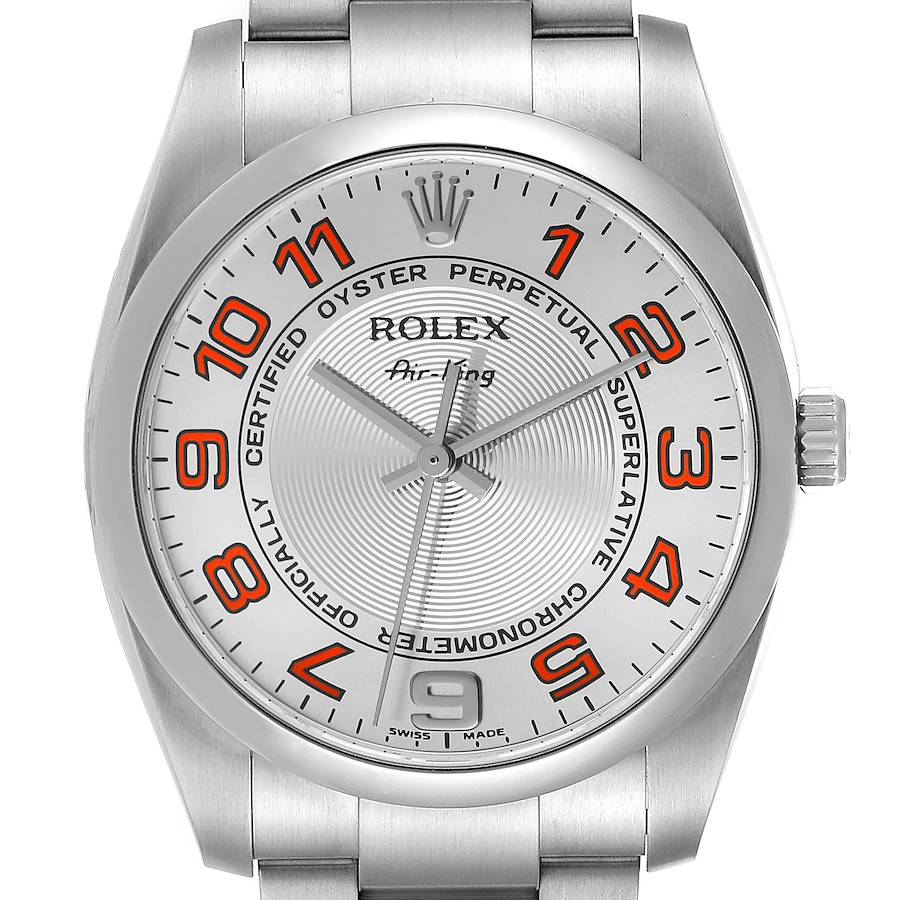 Rolex Air King Concentric Silver Orange Dial Mens Watch 114200 Box Card SwissWatchExpo