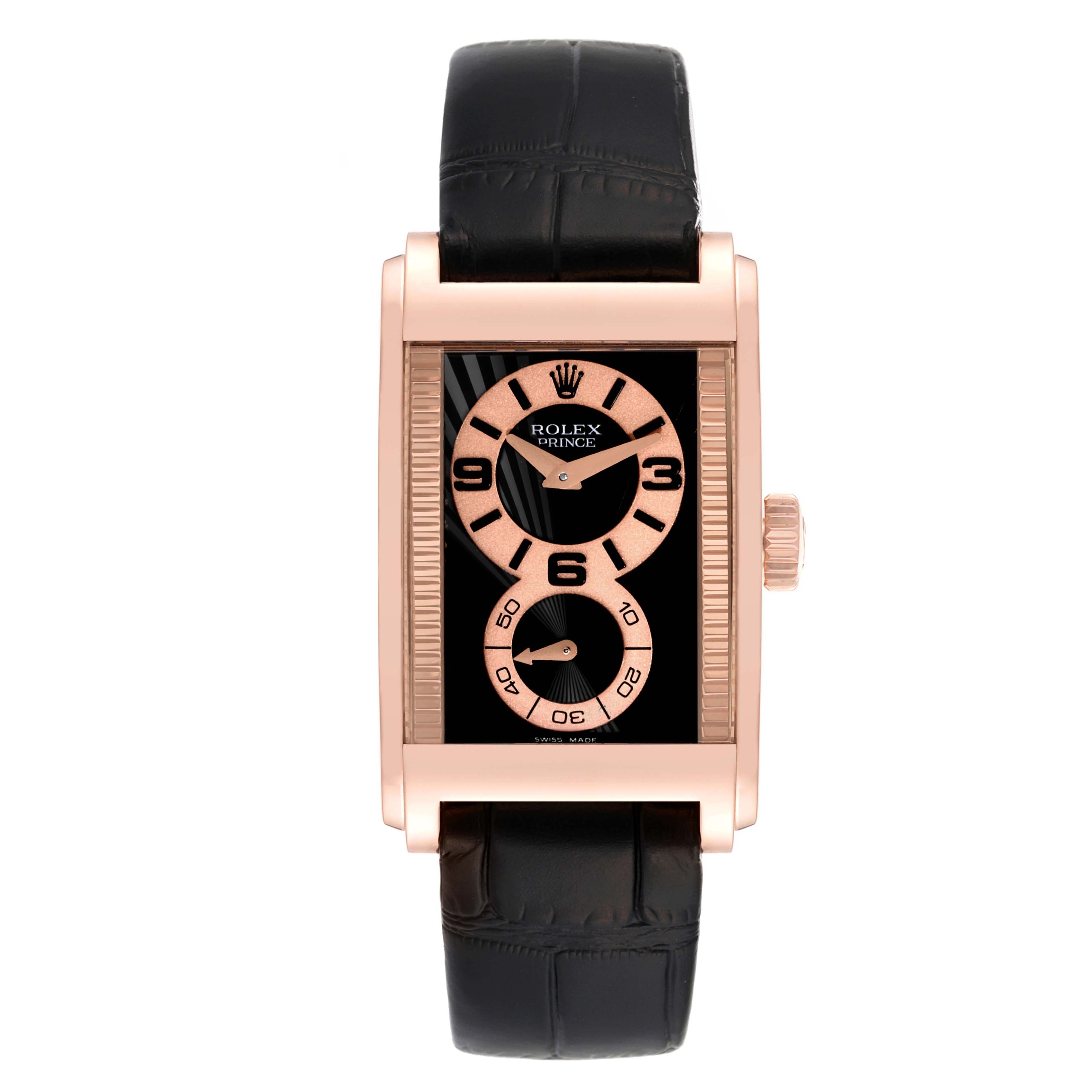 The image shows a front view of a Rolex Cellini 5442/5 Men's Rose Gold Black Dial 5442/5 Men's Rose Gold Black Dial Prince model watch with a black leather strap and rose gold case.