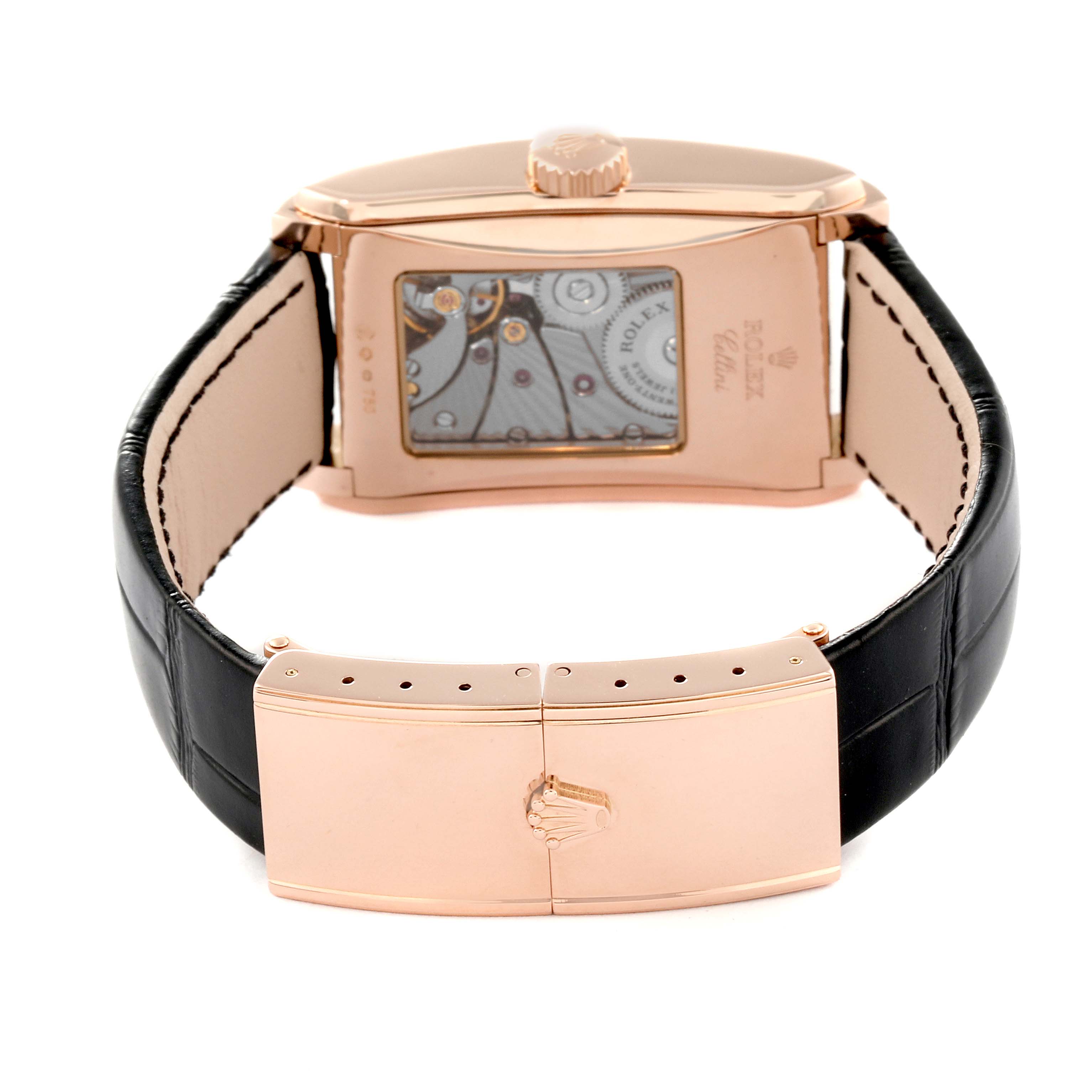 The image shows the rear view of the Rolex Cellini 5442/5 Men's Rose Gold Black Dial 5442/5 Men's Rose Gold Black Dial watch, highlighting its transparent case back, crown, and part of the black leather strap with a gold clasp.