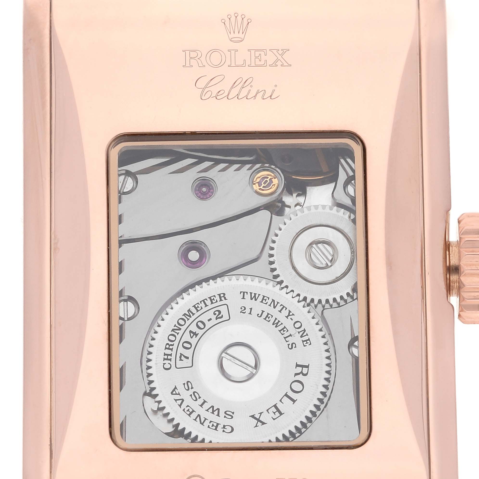 This image shows the back of the Rolex Cellini 5442/5 Men's Rose Gold Black Dial 5442/5 Men's Rose Gold Black Dial model, displaying its internal mechanical parts.