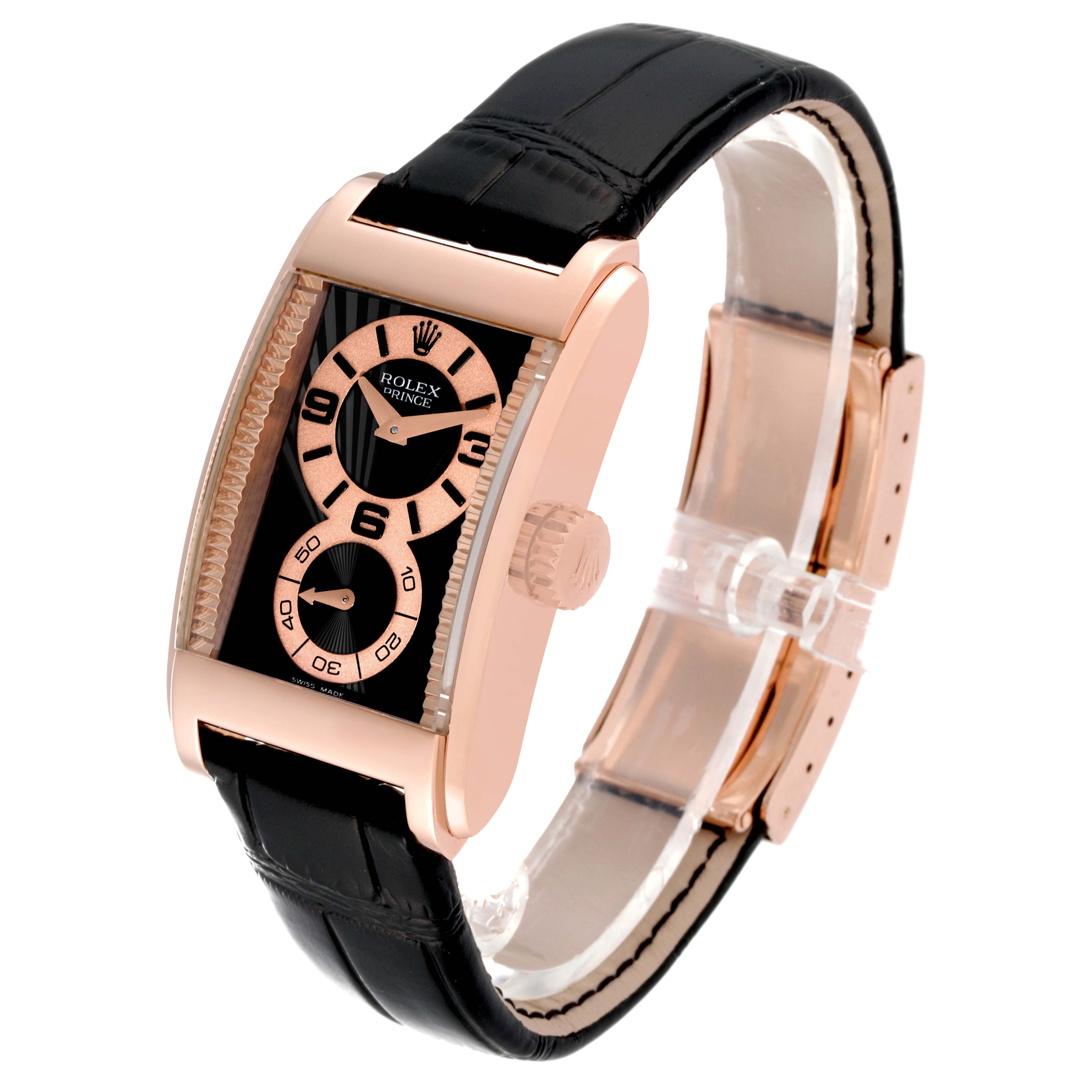 The image shows a Rolex Cellini 5442/5 Men's Rose Gold Black Dial 5442/5 Men's Rose Gold Black Dial Prince watch at a side angle, highlighting the dial, crown, and leather strap.
