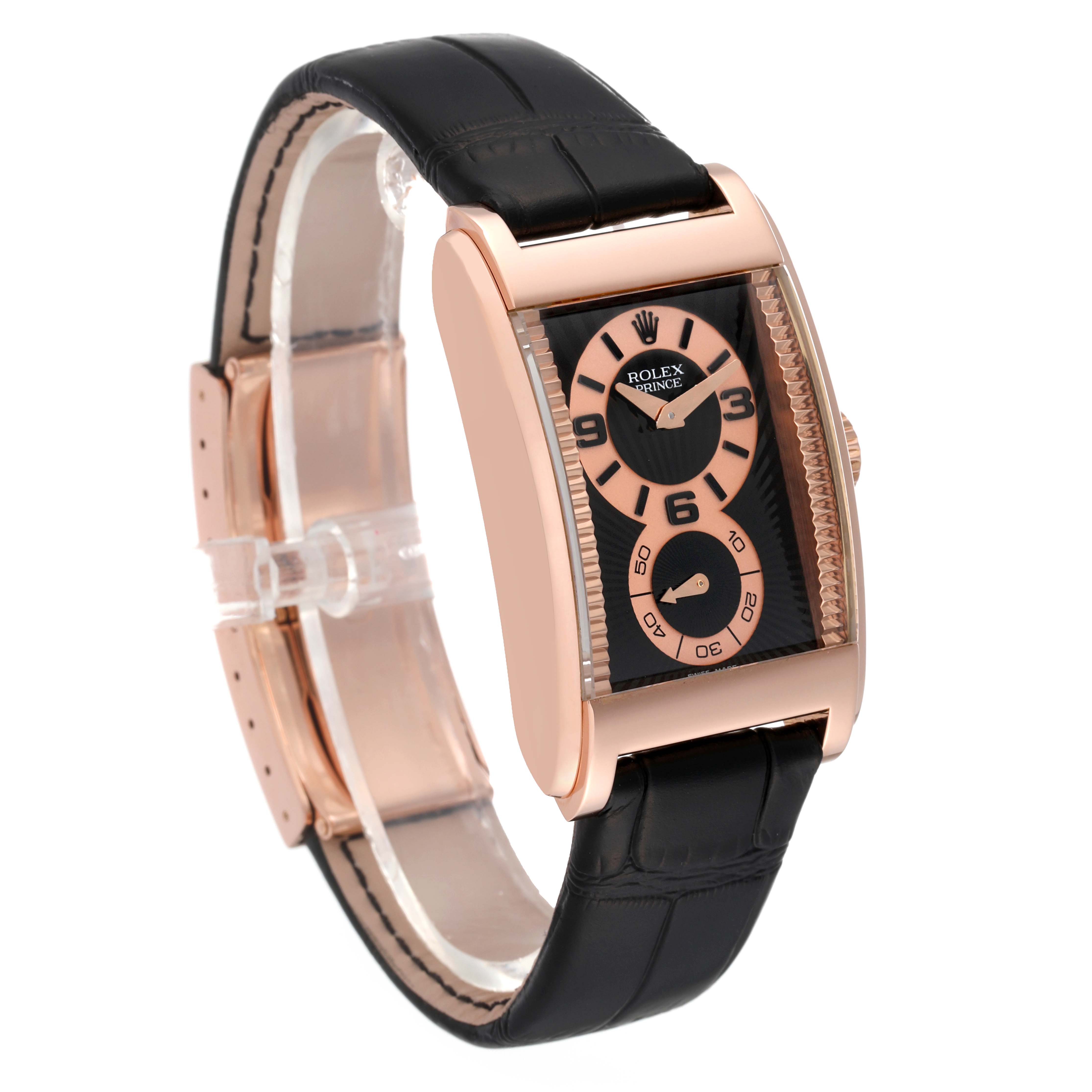 The image shows a side and front angle of a Rolex Cellini 5442/5 Men's Rose Gold Black Dial 5442/5 Men's Rose Gold Black Dial watch, highlighting its face, bezel, and strap.