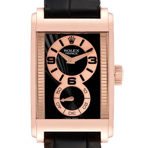 Photo of Rolex Cellini Prince Rose Gold Black Dial Leather Strap Mens Watch 5442