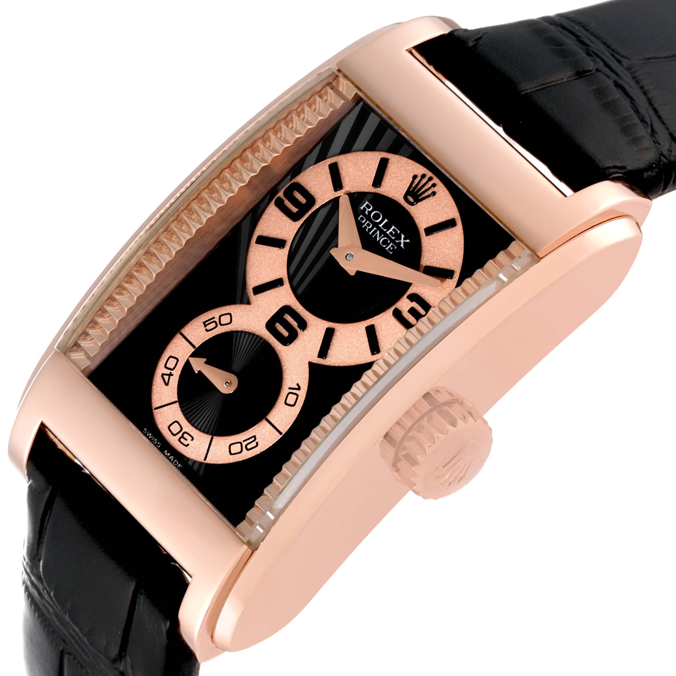 The image shows a close-up, angled side view of the Rolex Cellini 5442/5 Men's Rose Gold Black Dial 5442/5 Men's Rose Gold Black Dial watch, highlighting its dial, crown, and leather strap.